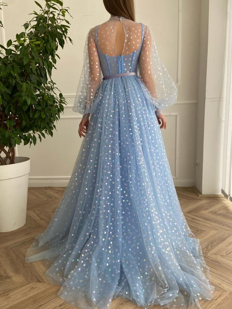 Blue A-Line dress with long sleeves, hearty fabric and belt