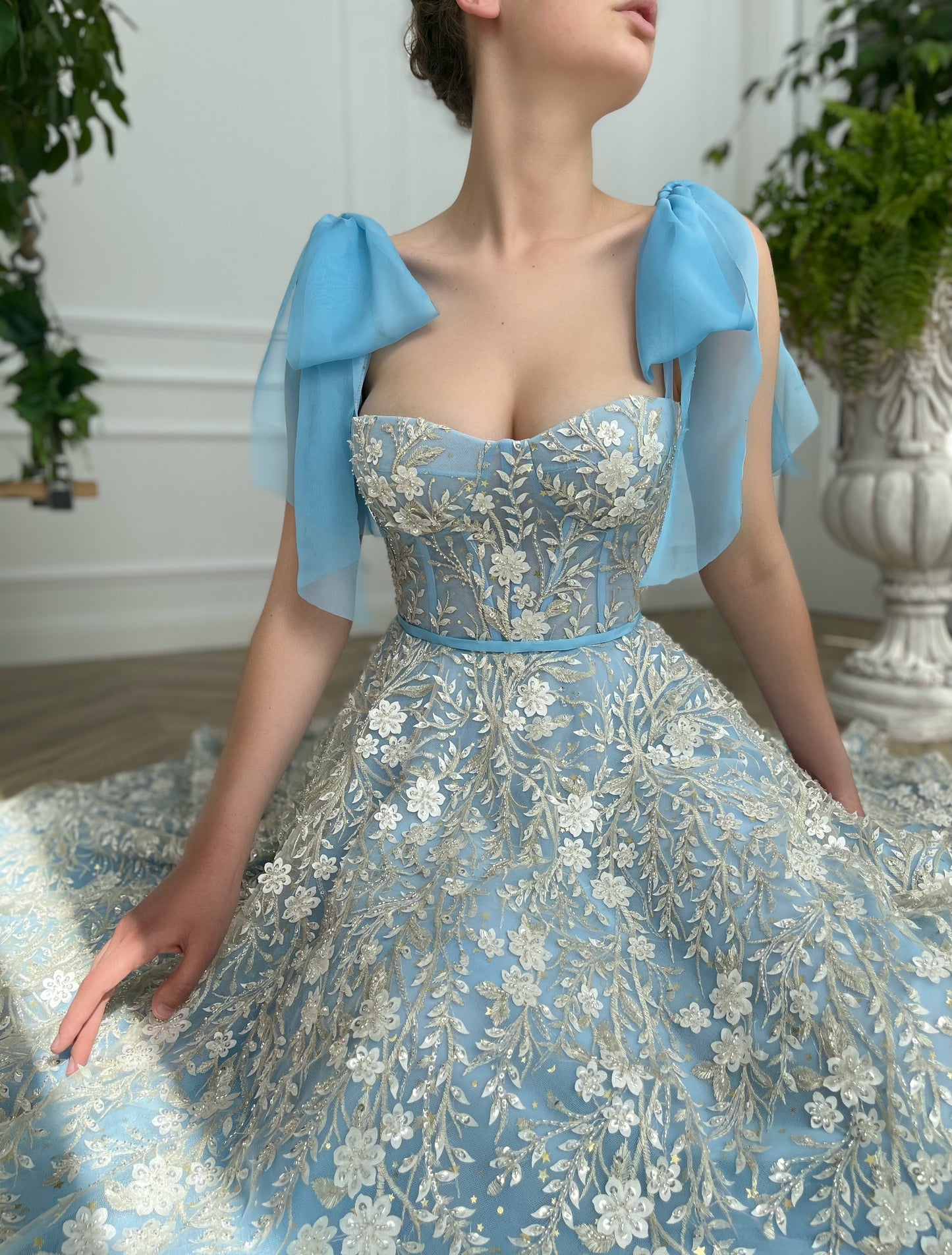 Blue midi dress with bow straps