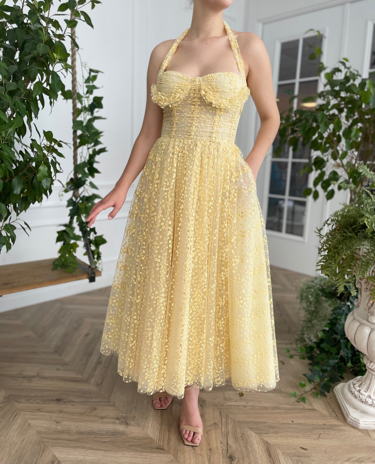 Yellow midi dress with spaghetti straps