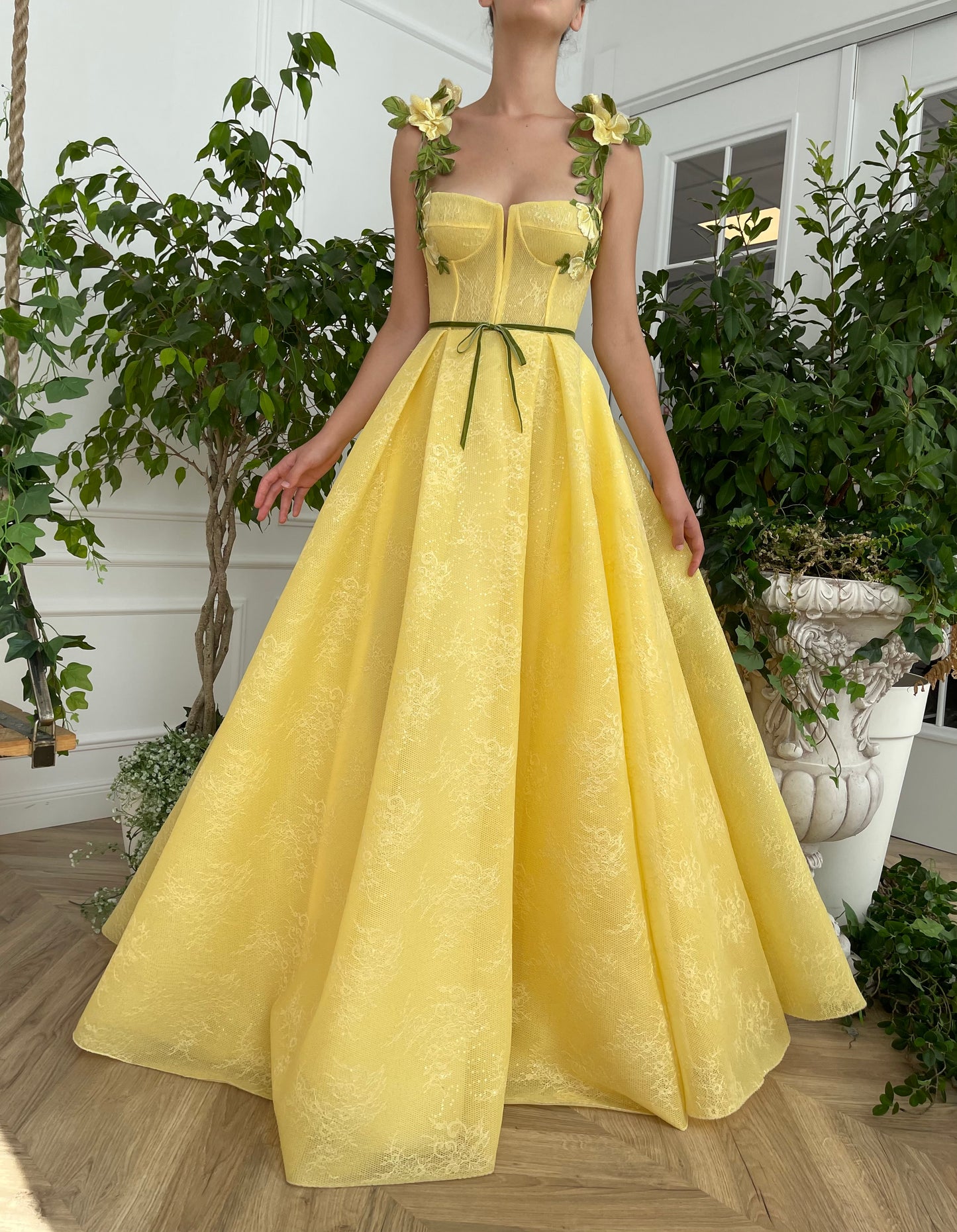 Yellow A-Line dress with embroidery and spaghetti straps