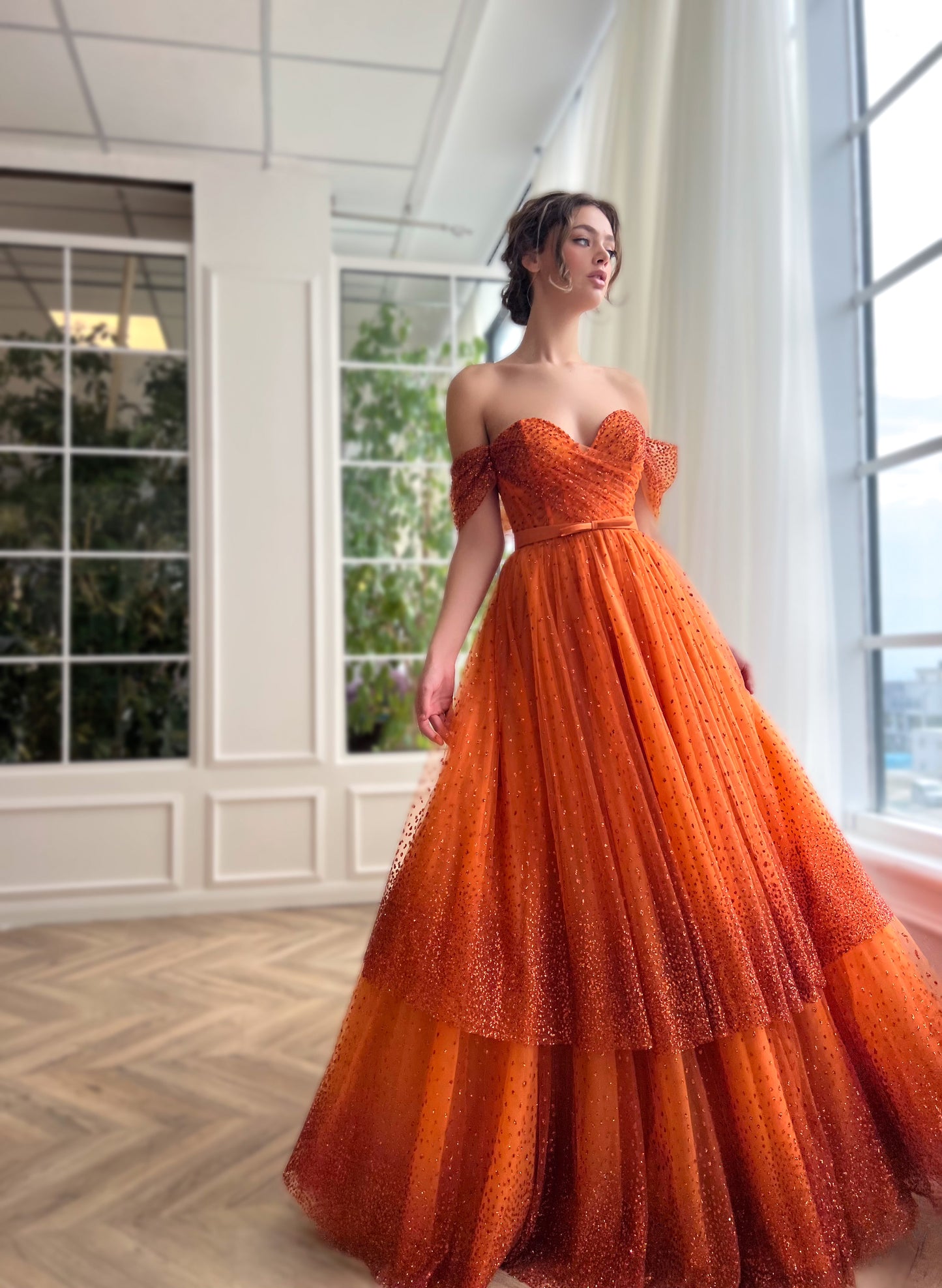 Orange A-Line dress with off the shoulder sleeves