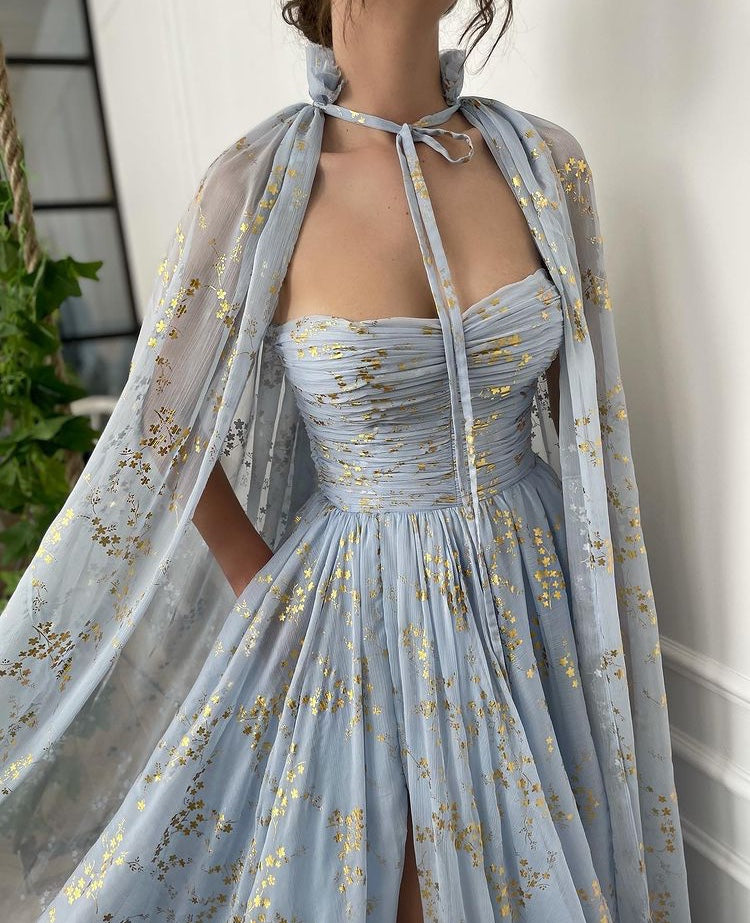 Blue A-Line dress with no sleeves and cape