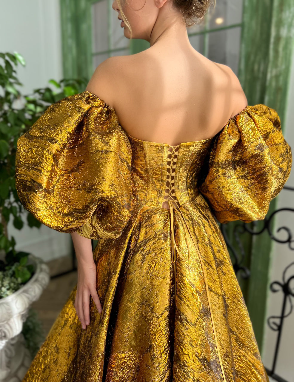 Gold A-Line dress with off the shoulder sleeves and embroidery