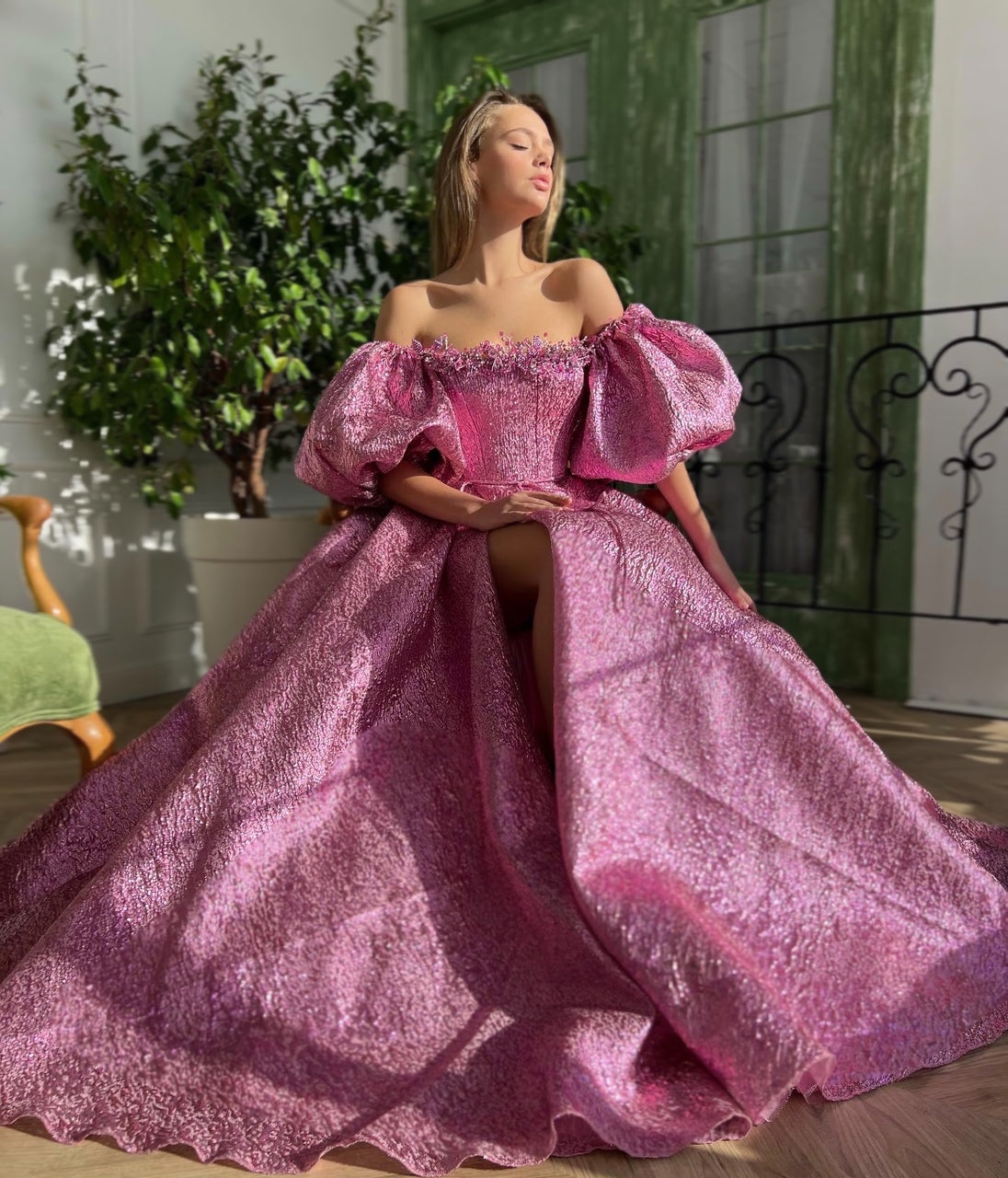 Pink A-Line dress with off the shoulder sleeves, embroidery and taffeta brocade fabric