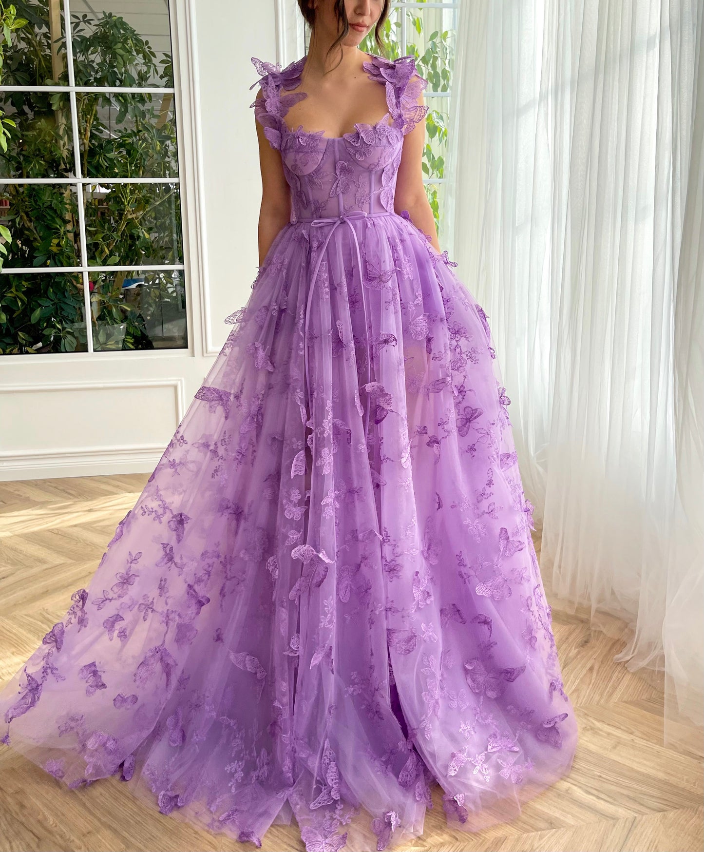 Purple A-Line dress with straps and embroidered butterflies