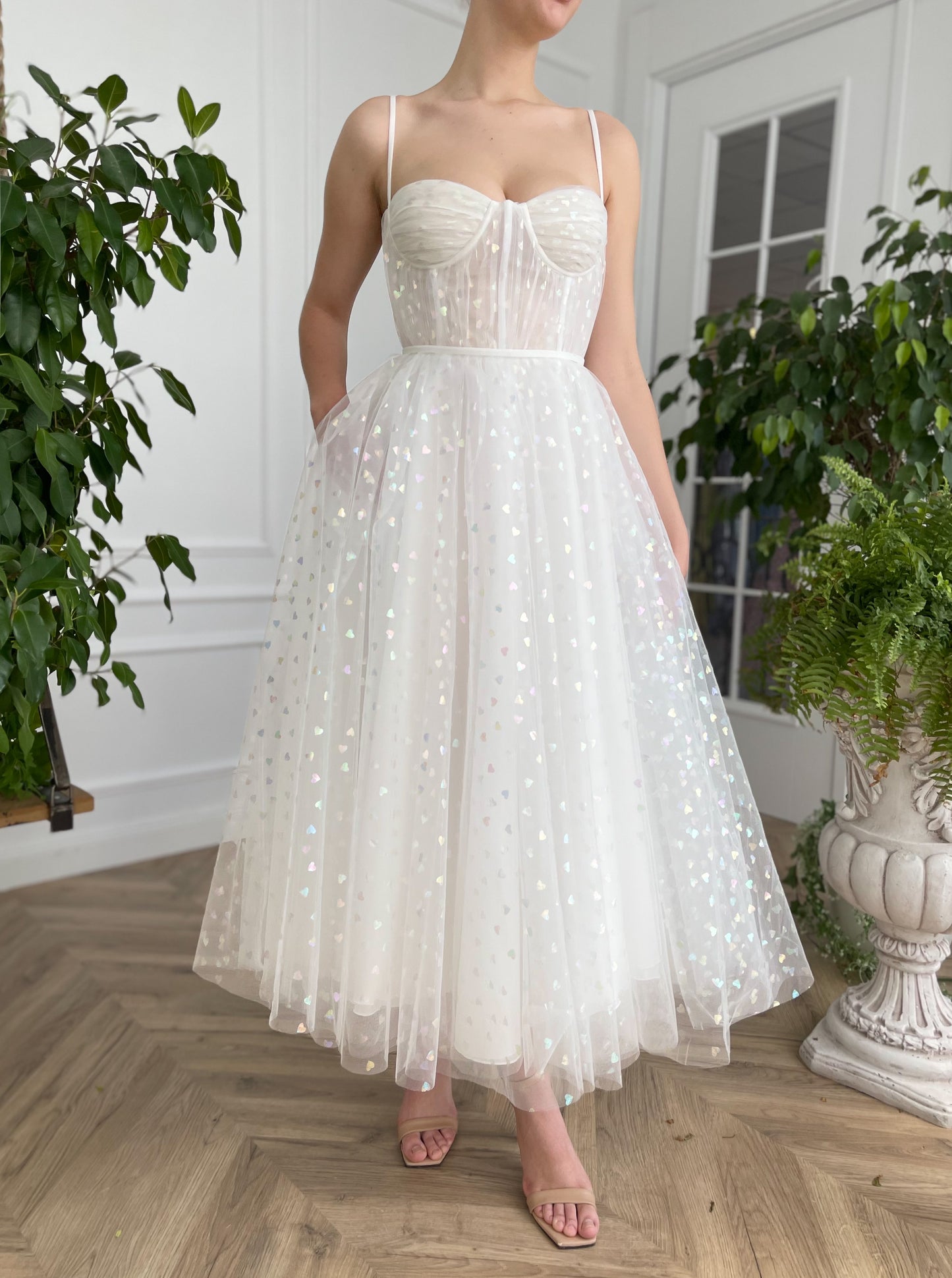 Midi white bridal dress with printed hearts and spaghetti straps