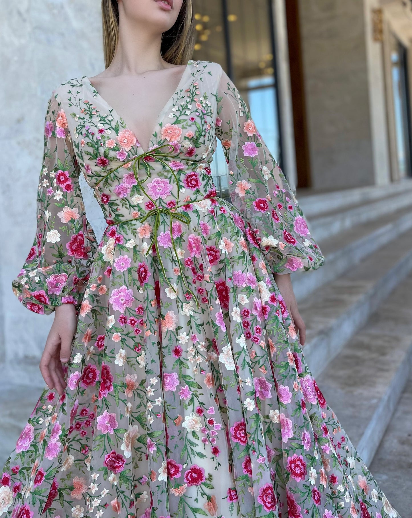Beige A-Line dress with v-neck, long sleeves, embroidery and flowers