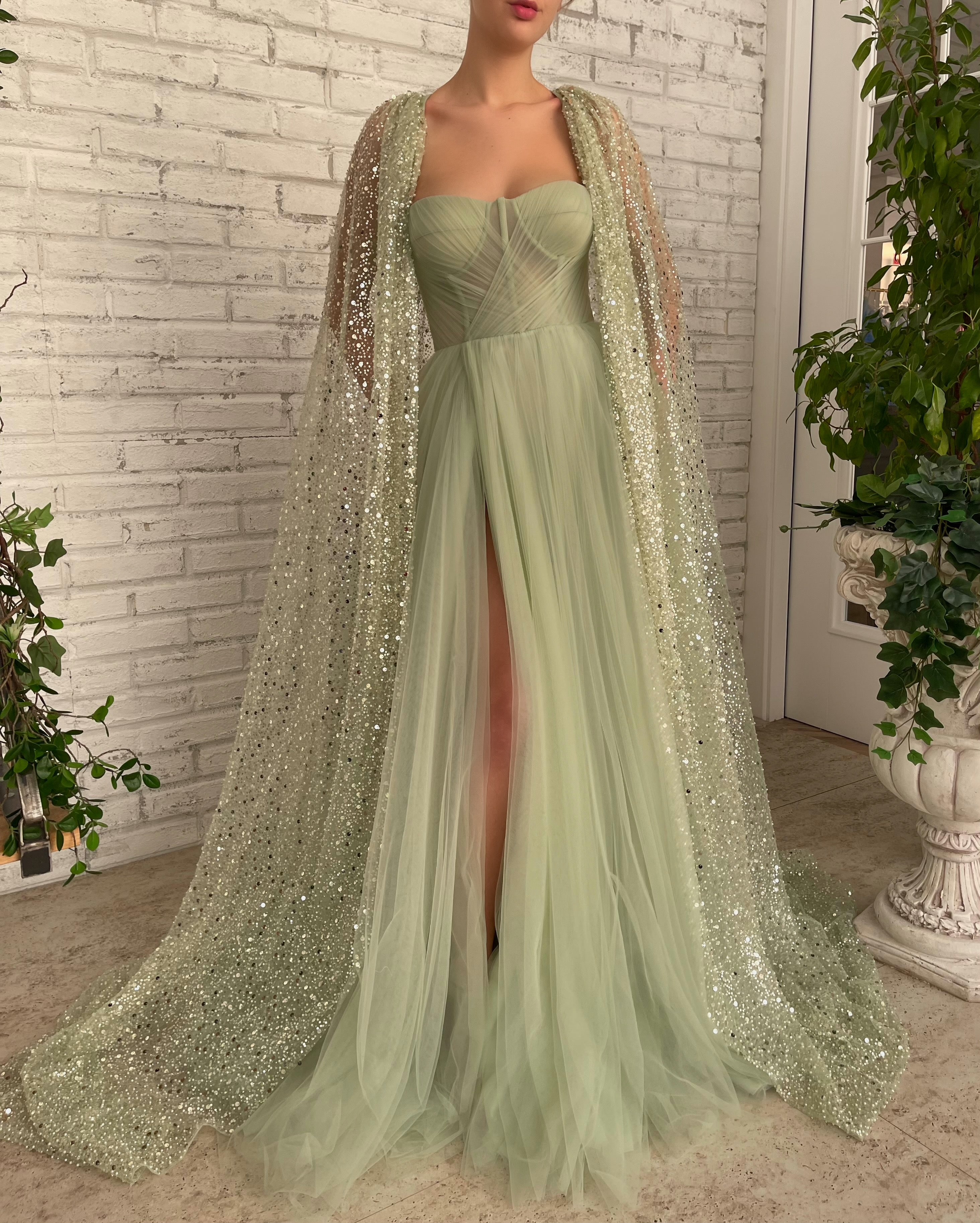 Green A-Line dress with cape sleeves