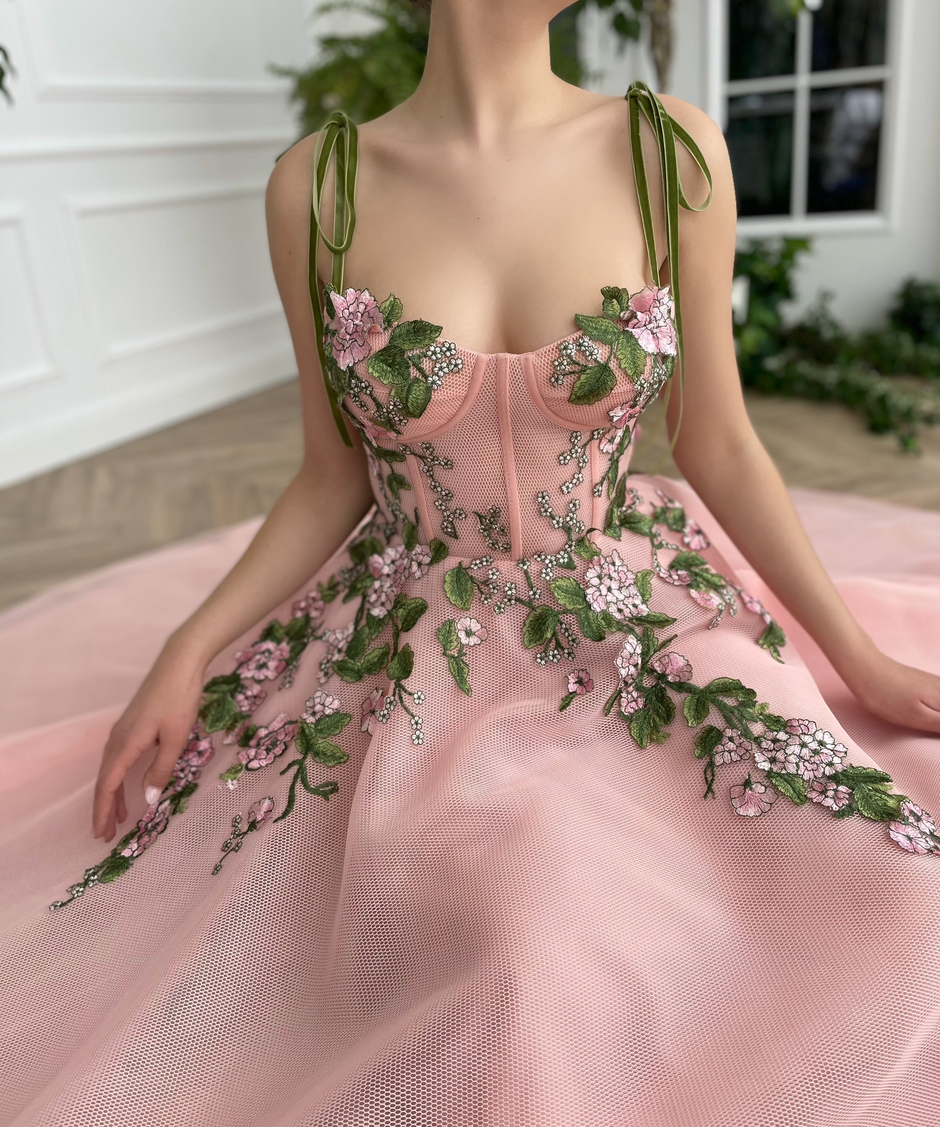 Pink midi dress with embroidery and spaghetti straps