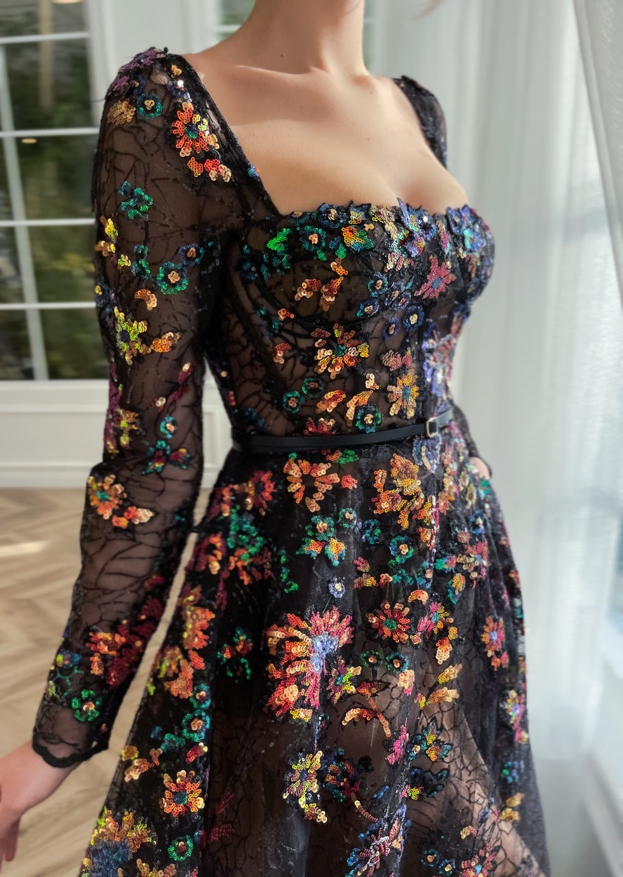 Black A-Line dress with flowers, embroidery, belt and long sleeves