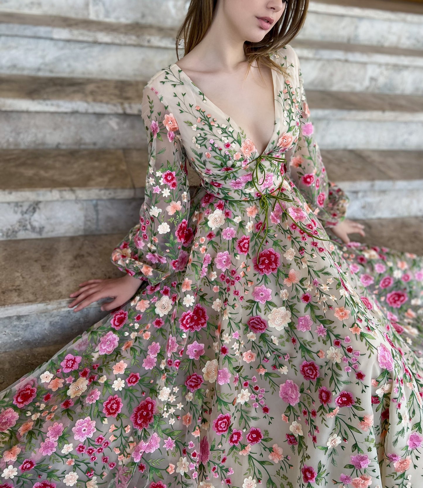 Beige A-Line dress with v-neck, long sleeves, embroidery and flowers