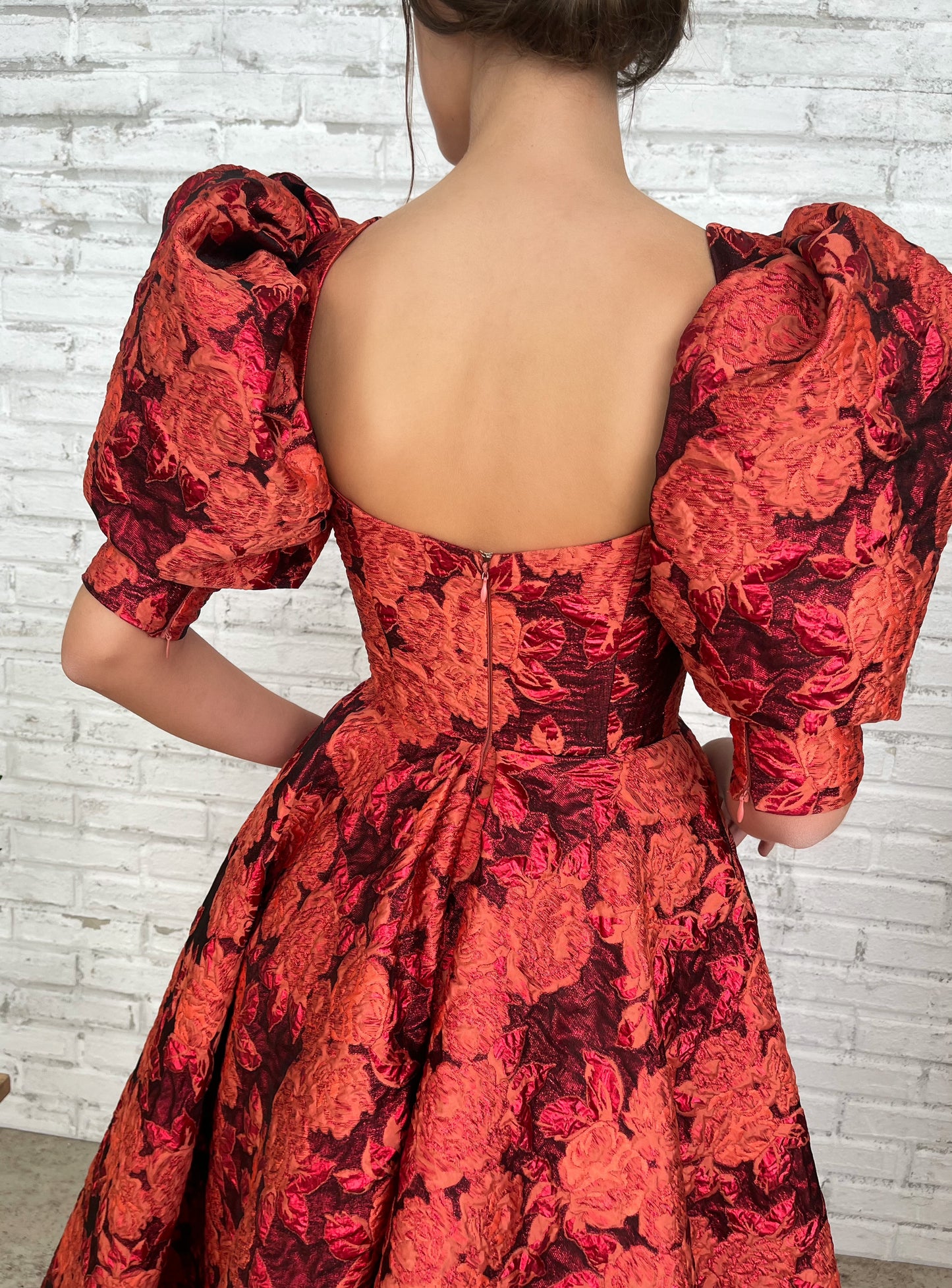 Red A-Line dress with short puff sleeves