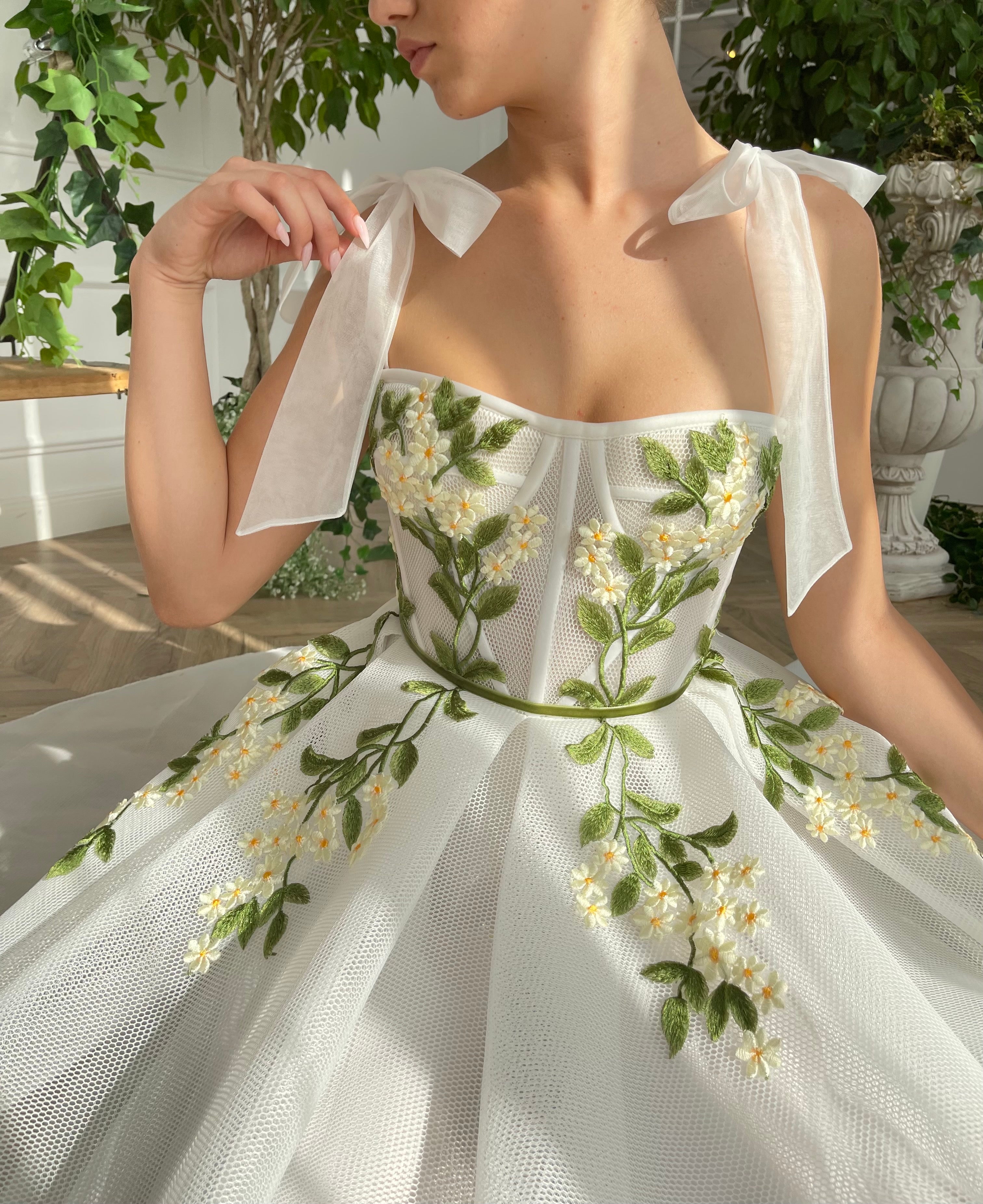 Midi white bridal dress with embroidered flowers and straps