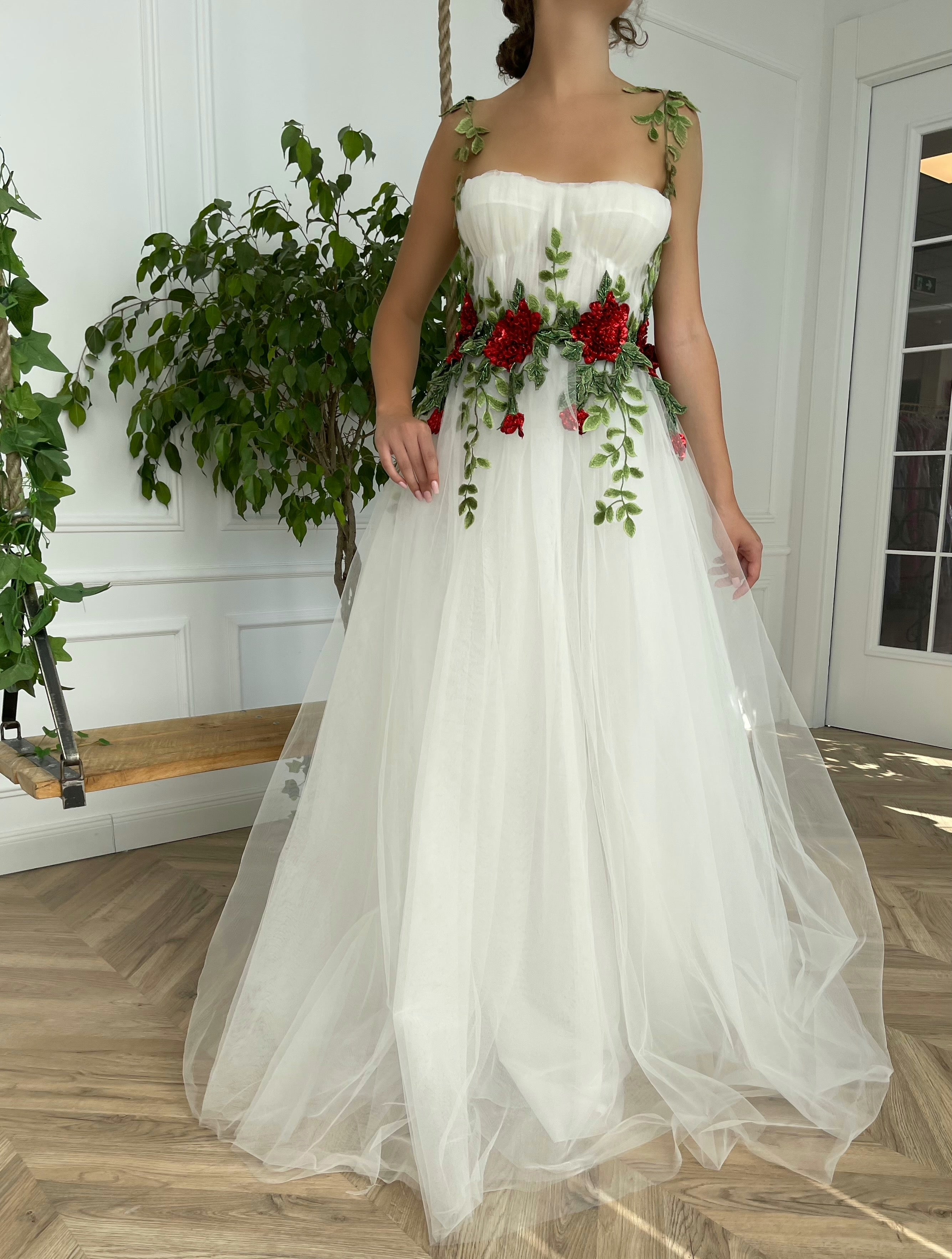 White A-Line bridal dress with embroidery and spaghetti straps