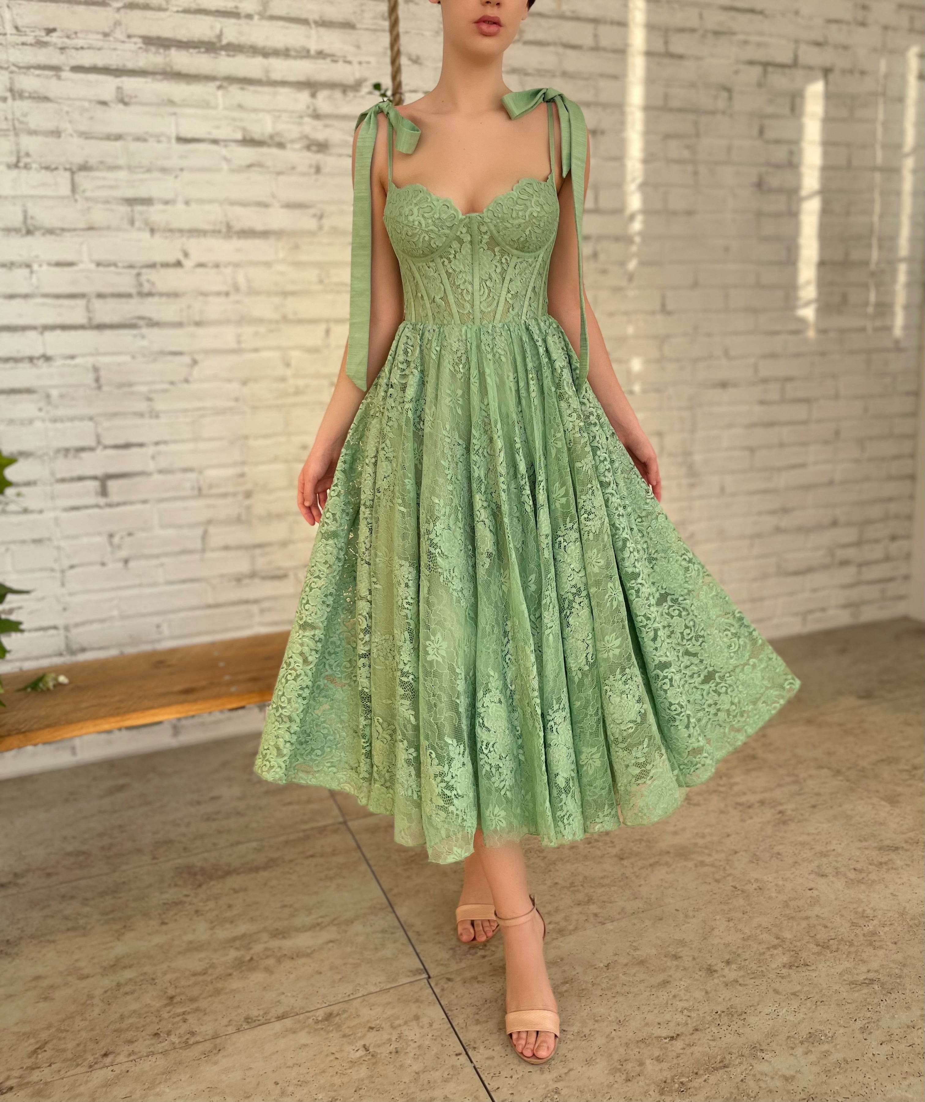 Green midi dress with bow straps