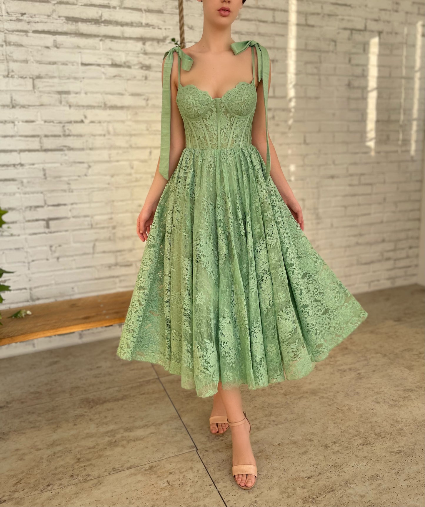 Green midi dress with bow straps
