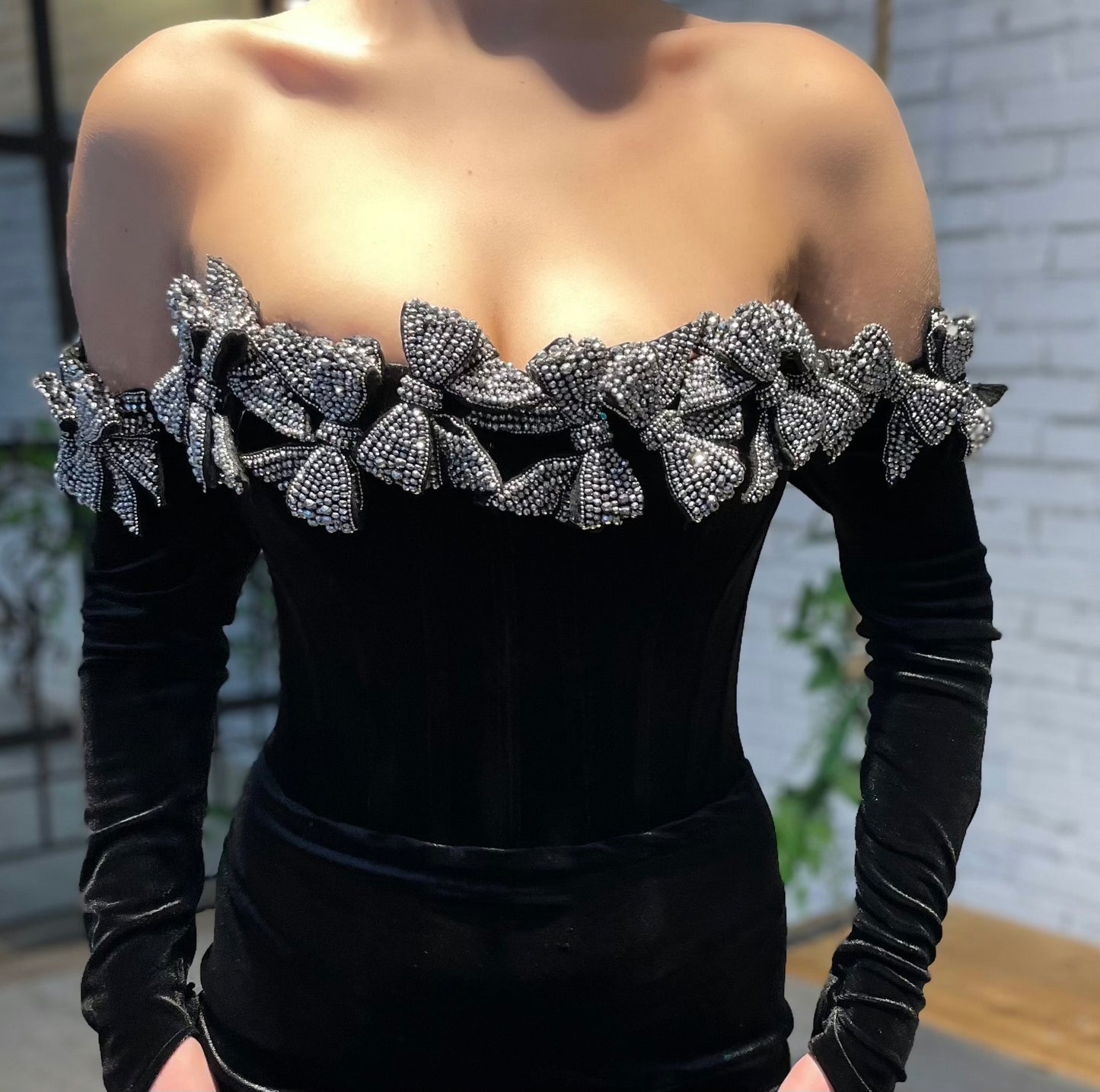 Black mermaid dress with embroidery, off the shoulder sleeves and long sleeves