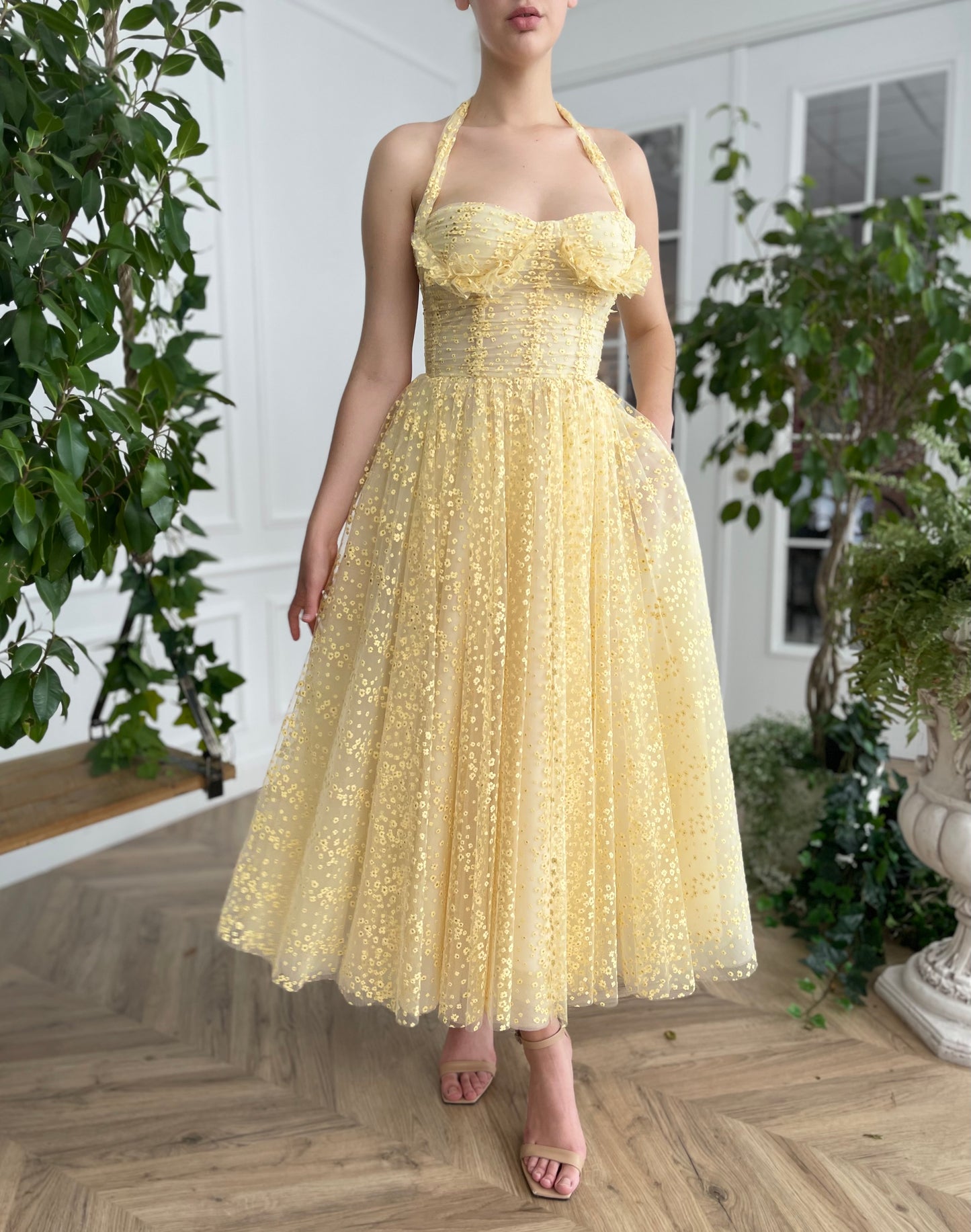 Yellow midi dress with spaghetti straps