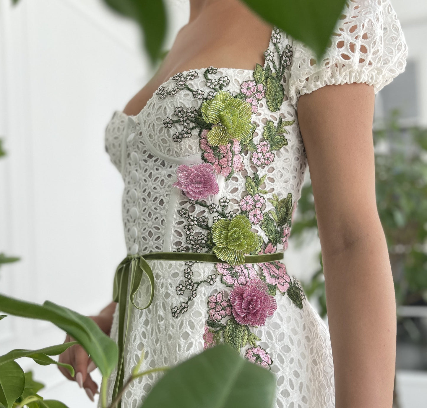 Midi white bridal dress with short cap sleeves and embroidered flowers