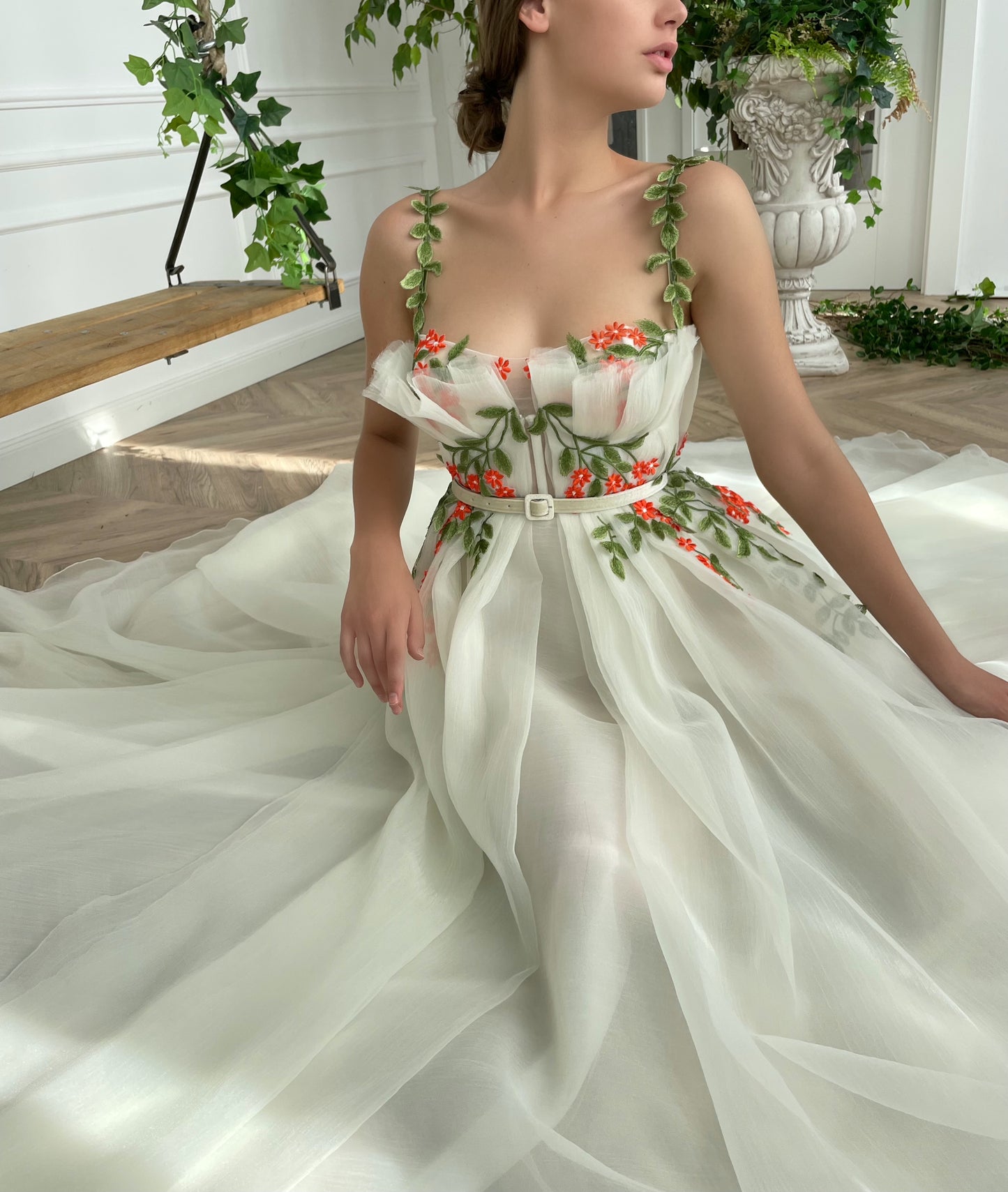 White bridal A-Line dress with belt, spaghetti straps and embroidery