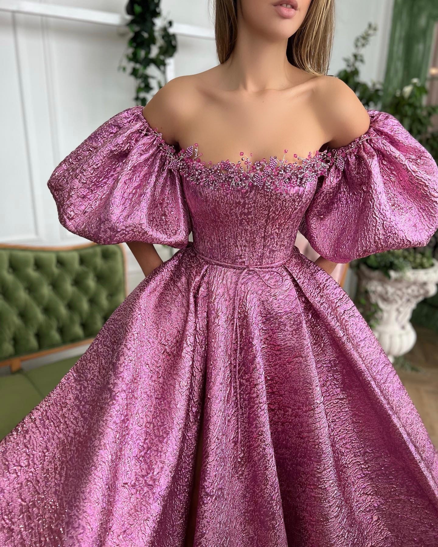Pink A-Line dress with off the shoulder sleeves, embroidery and taffeta brocade fabric