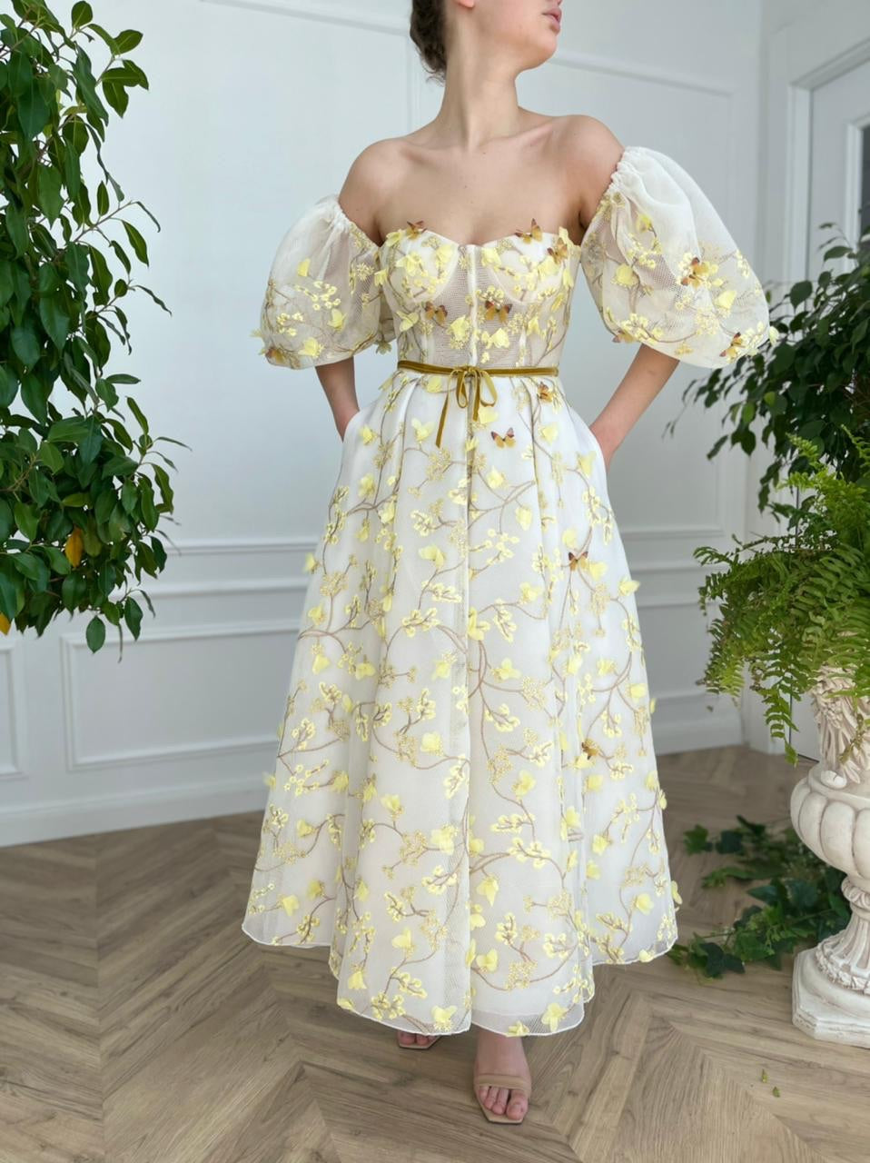 Yellow midi dress with embroidery and off the shoulder sleeves