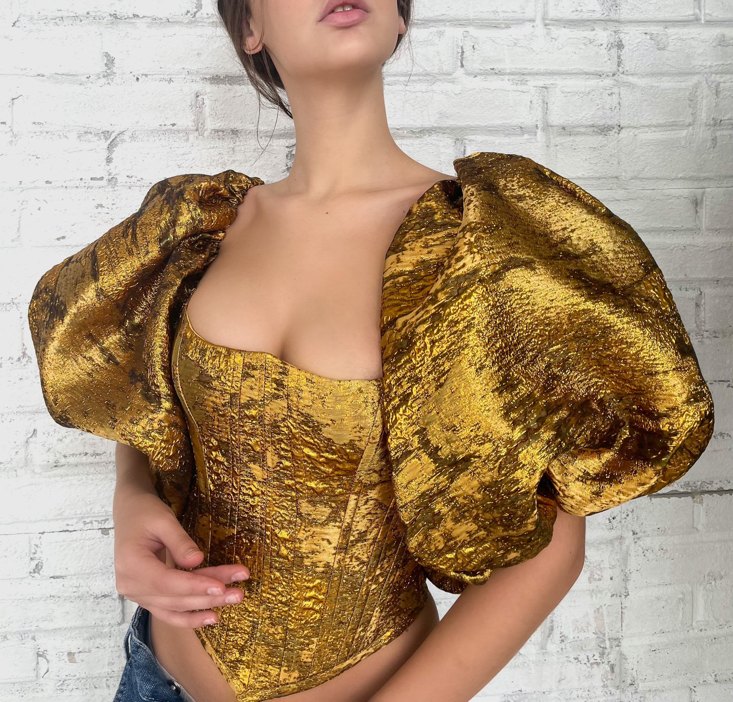Gold corset with short puff sleeves