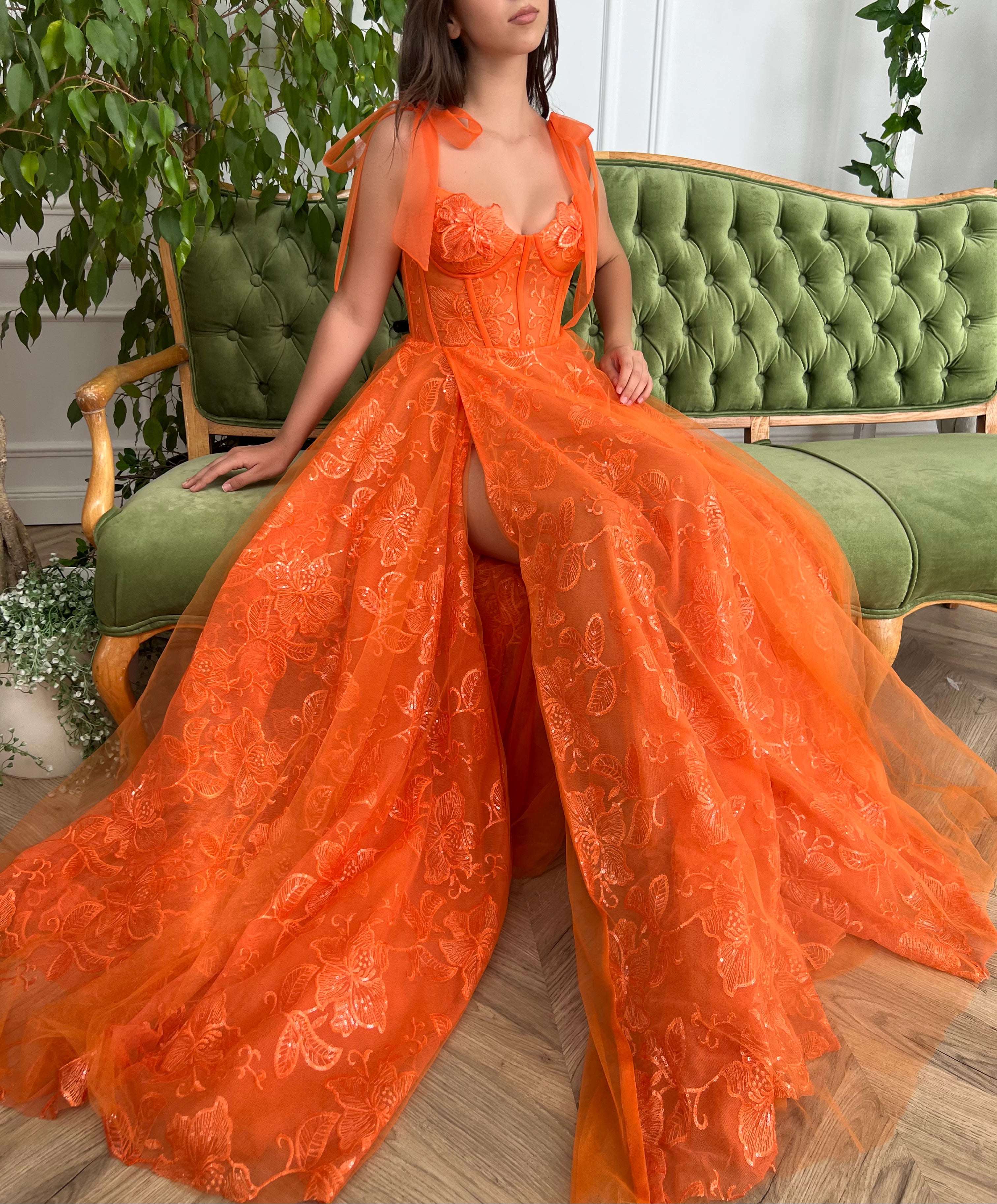 orange embroidered dress Handmade Linen Mini Dress: Orange Embroidered Cutwork Richelieu Outfit