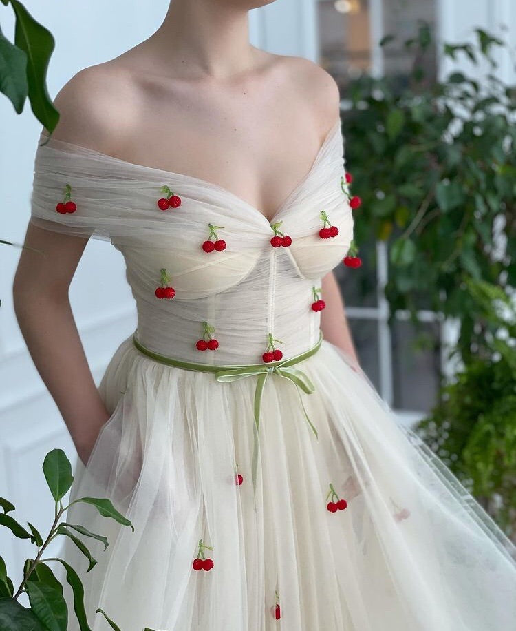 Midi beige bridal dress with embroidered cherries and off the shoulder sleeves