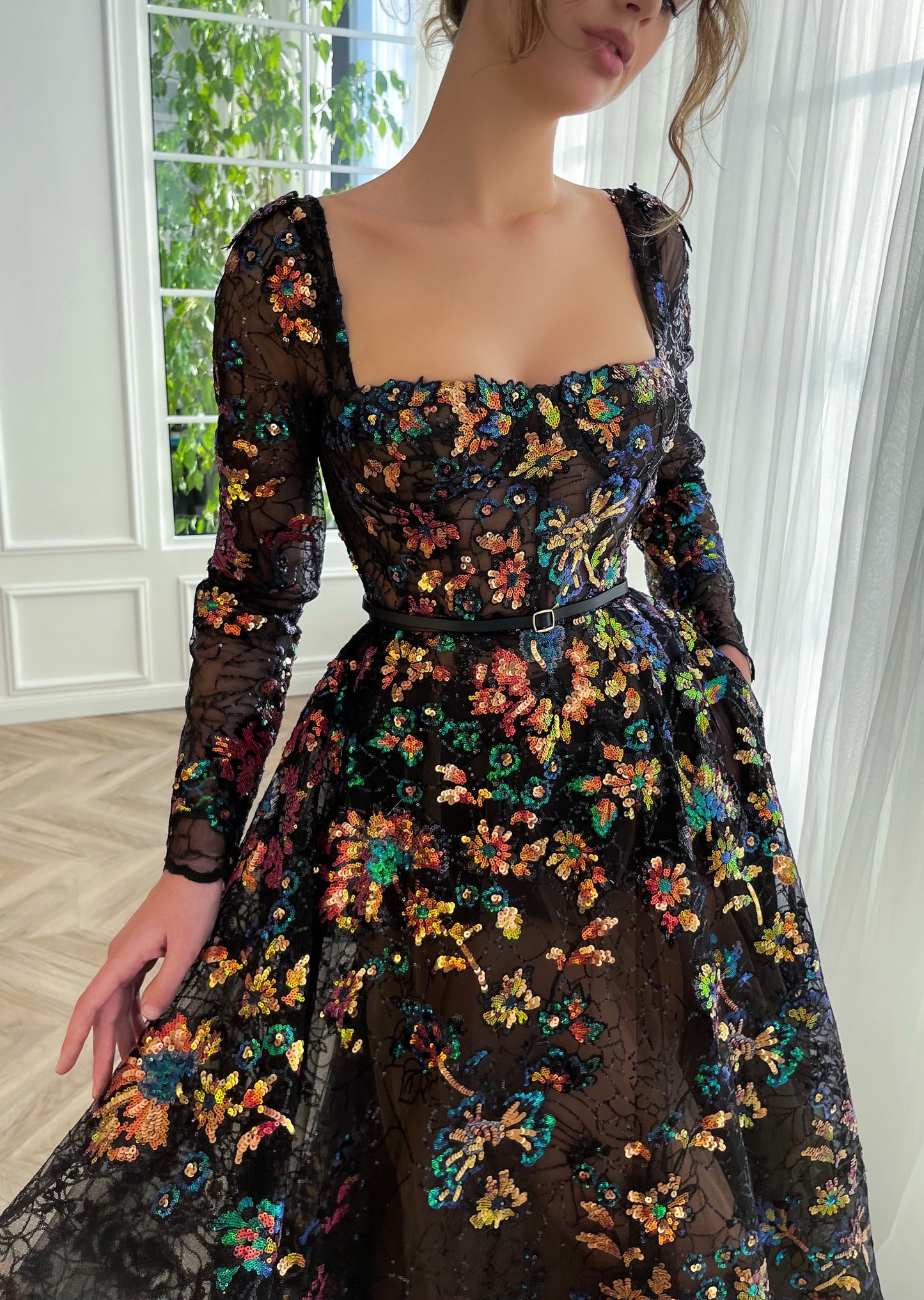 Black A-Line dress with flowers, embroidery, belt and long sleeves