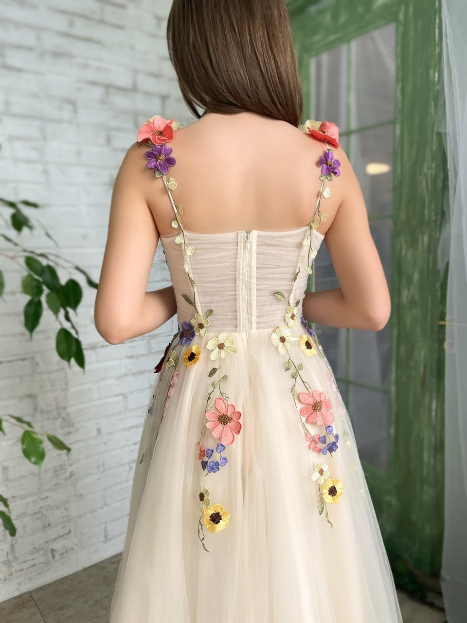Beige midi dress with spaghetti straps, embroidery and flowers