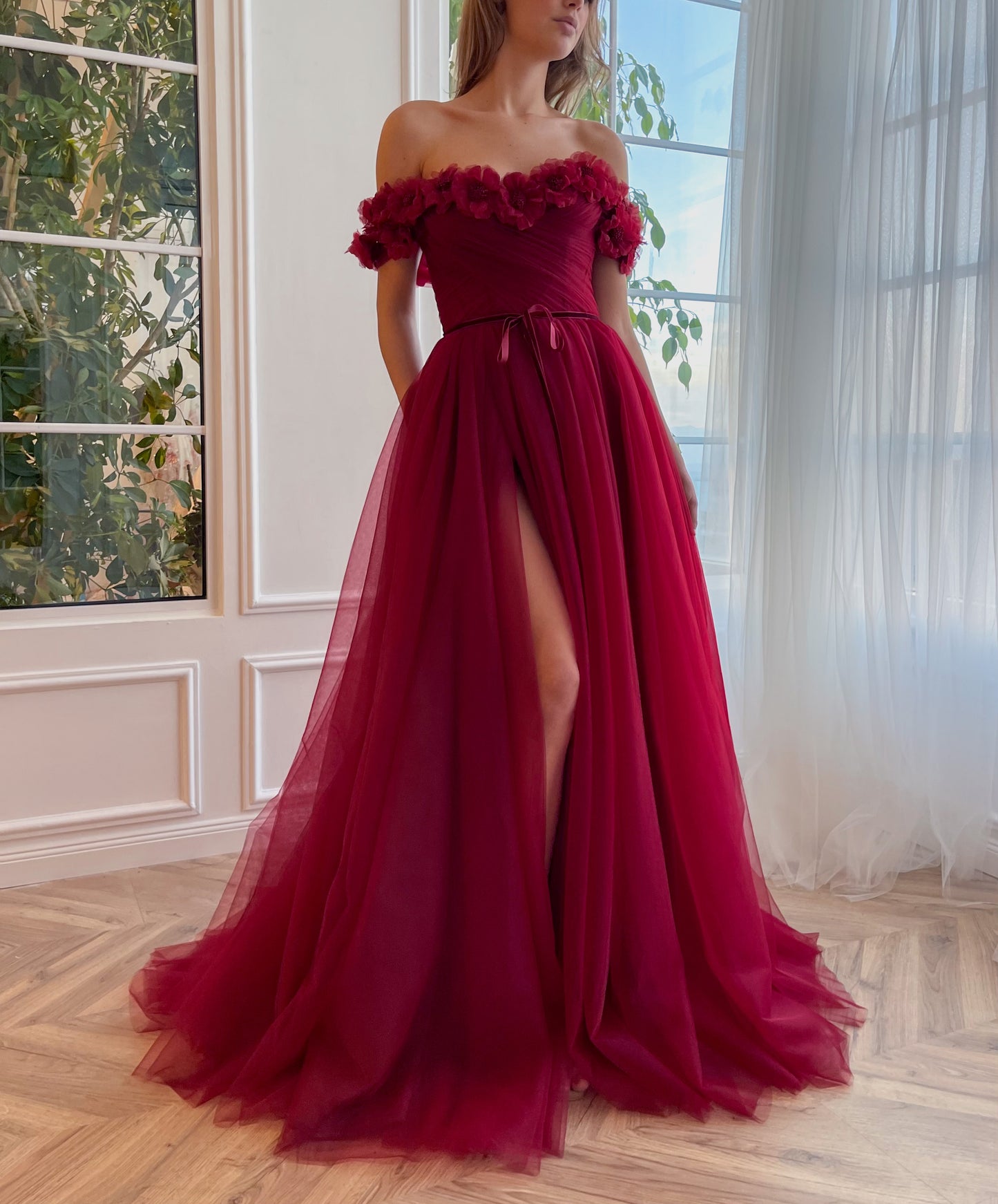 Red A-Line dress with embroidery, flowers and off the shoulder sleeves