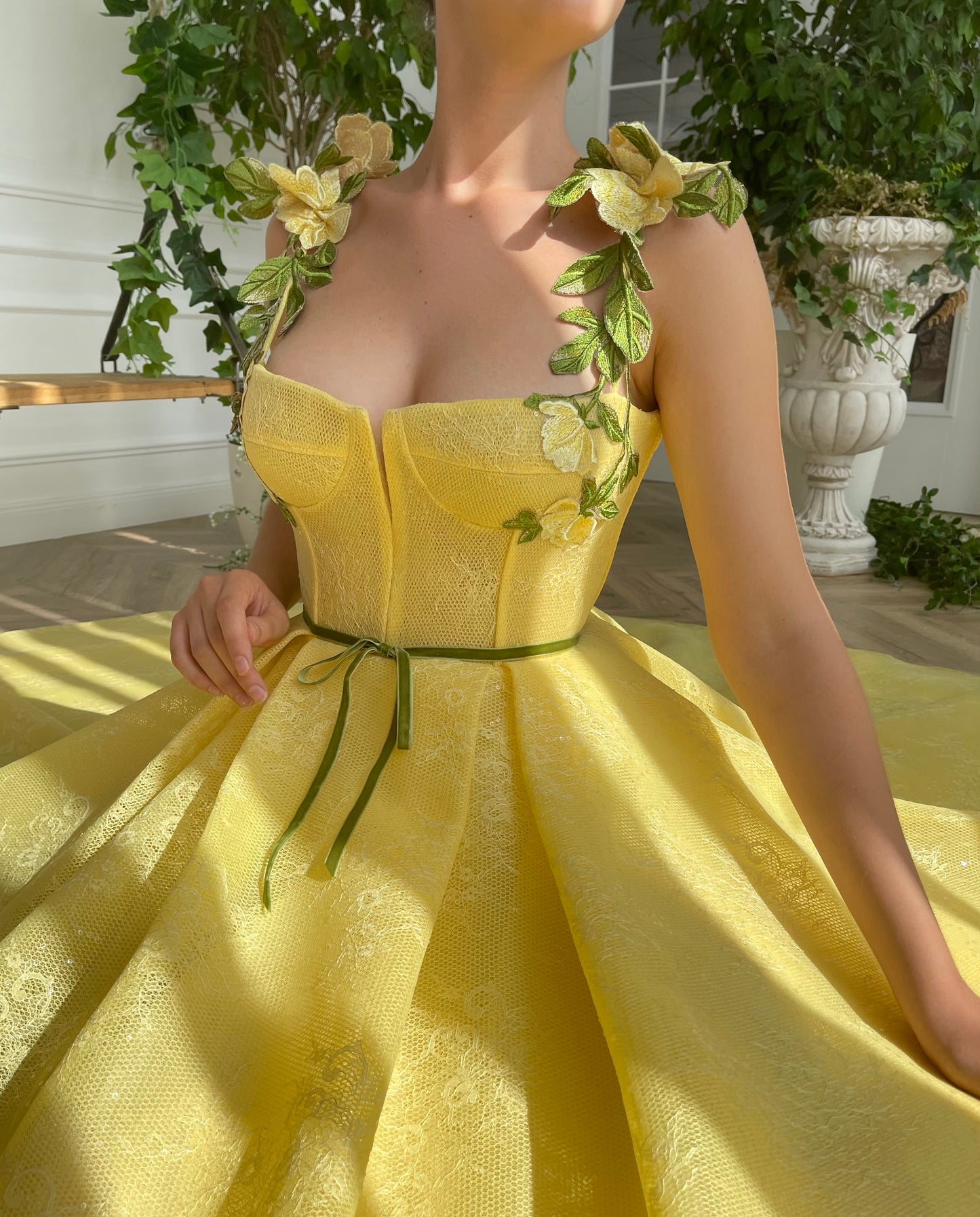 Yellow A-Line dress with embroidery and spaghetti straps