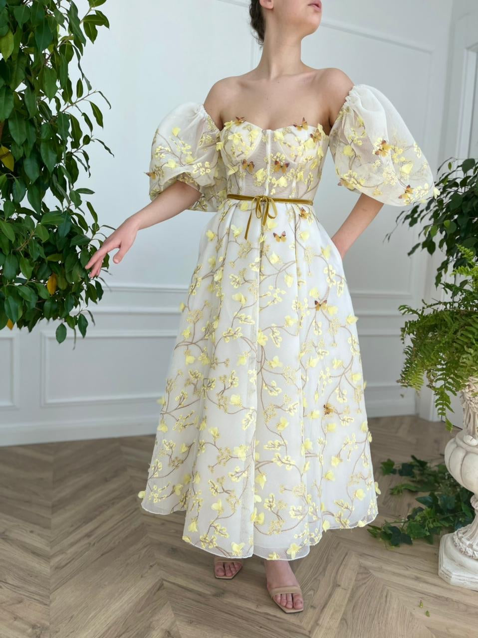Yellow midi dress with embroidery and off the shoulder sleeves