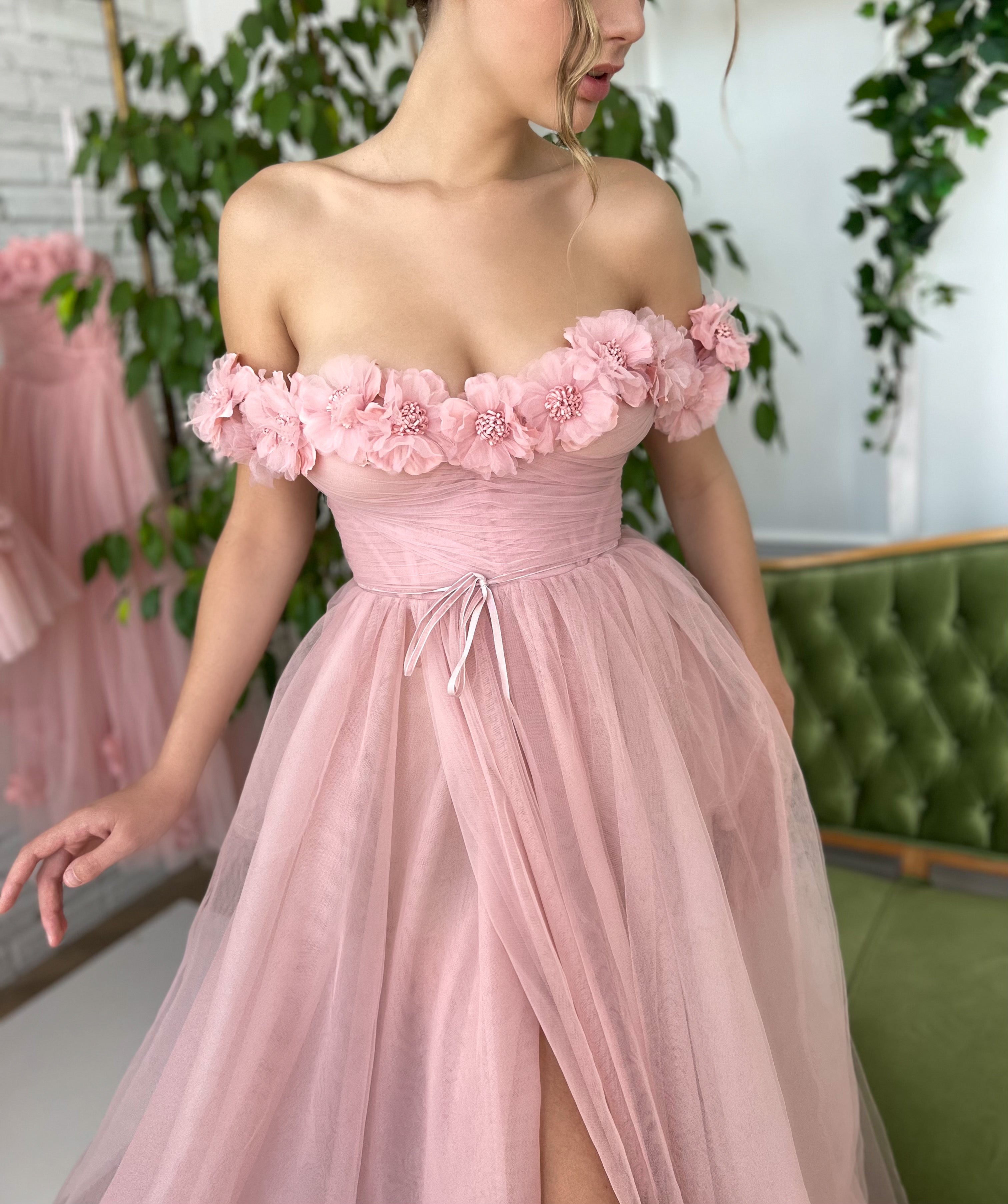 Pink A-Line dress with off the shoulder sleeves, embroidery and flowers