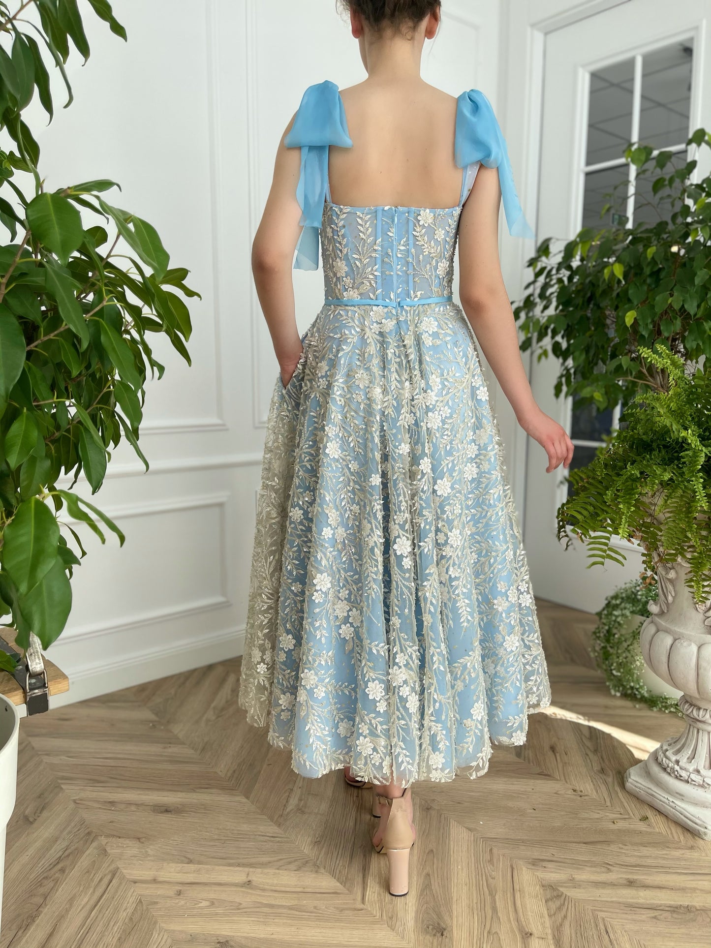 Blue midi dress with bow straps