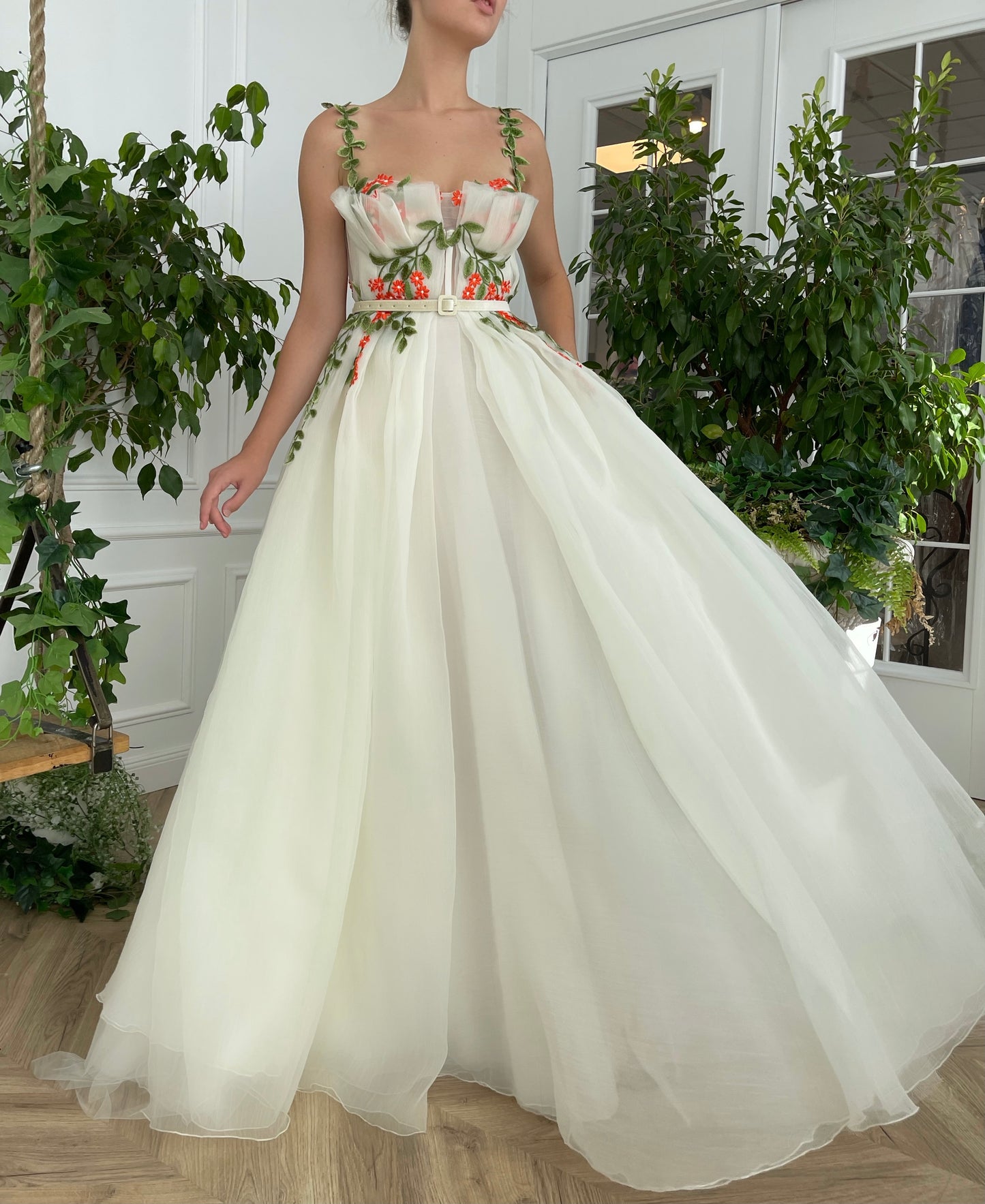 White bridal A-Line dress with belt, spaghetti straps and embroidery