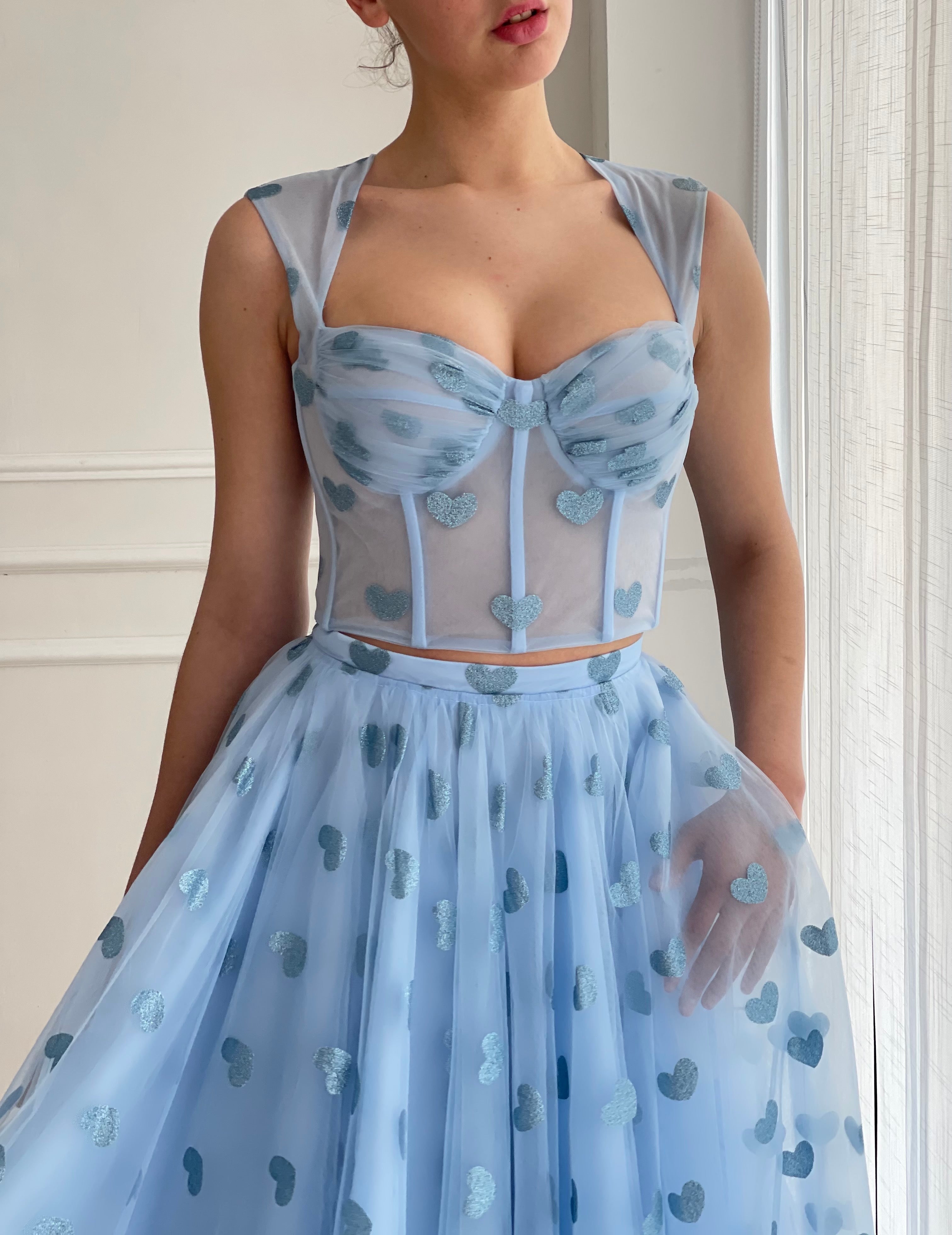 Blue two piece dress with straps and hearty fabric