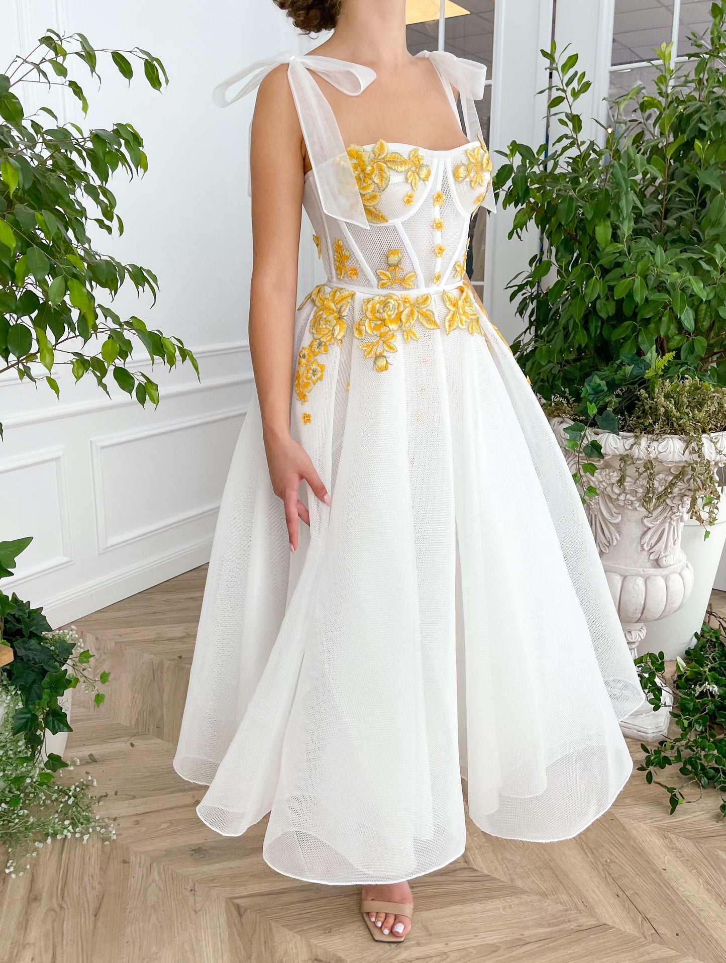 Midi white bridal dress with embroidered flowers and straps