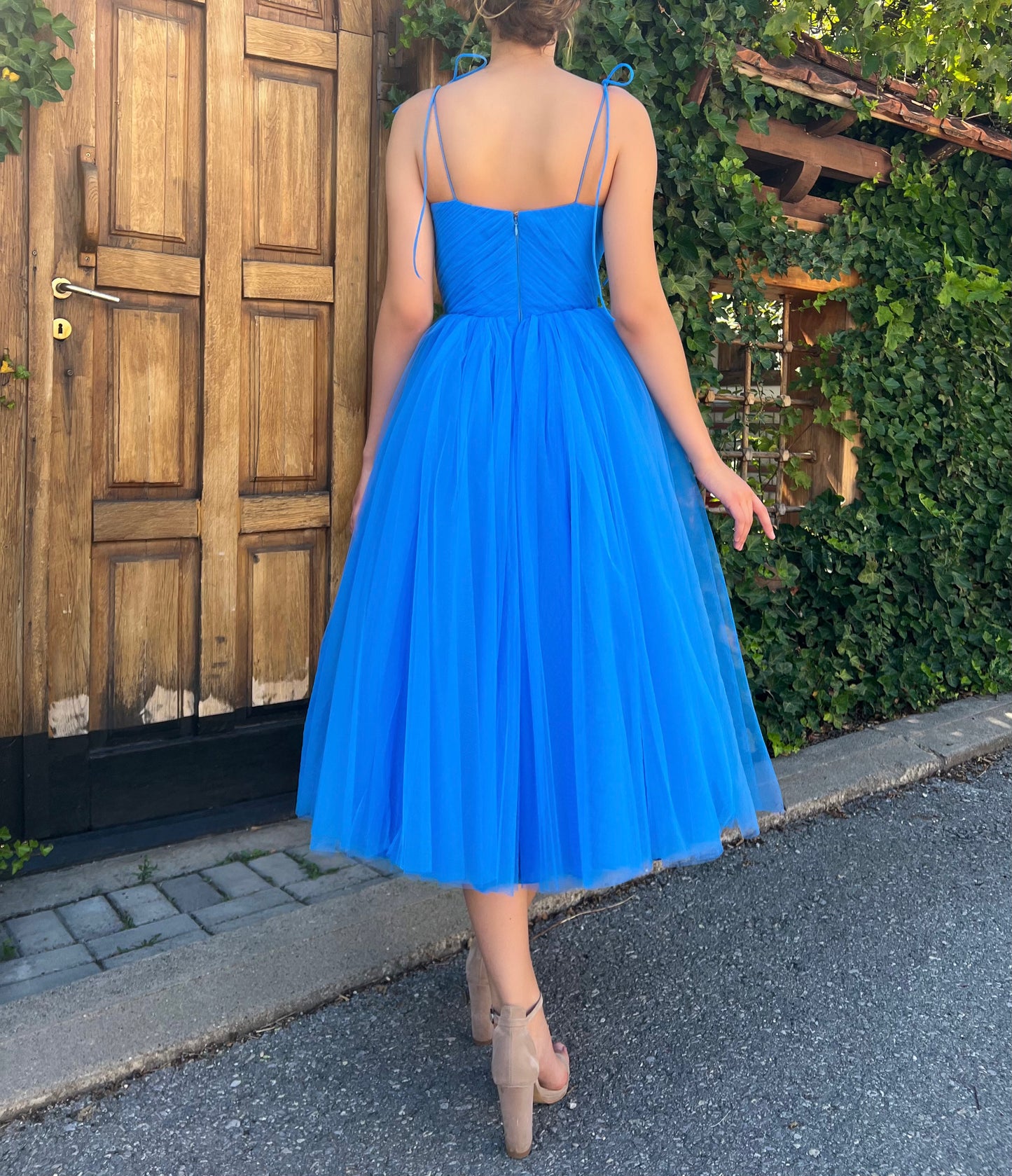 Blue midi dress with spaghetti straps