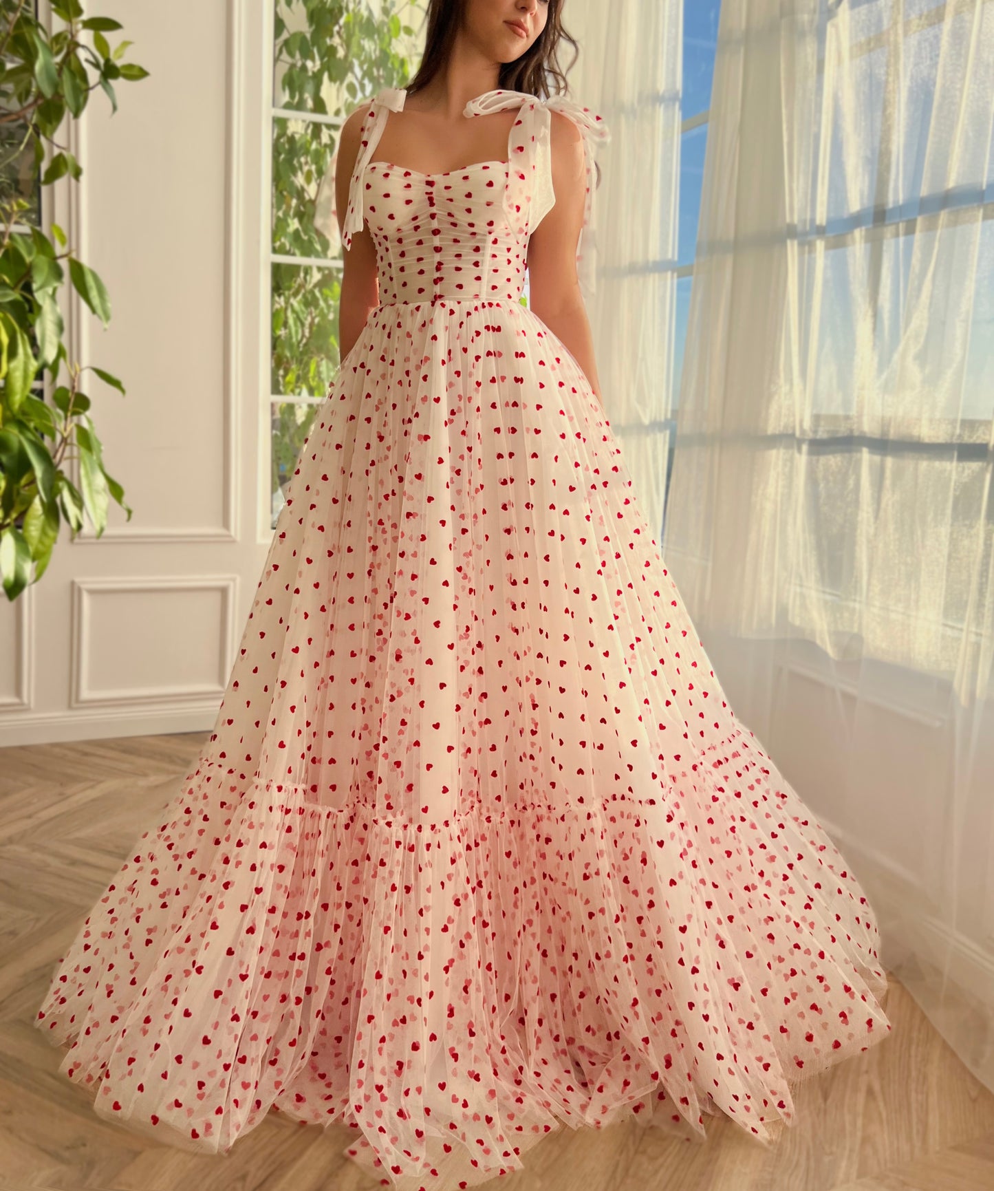 White A-Line dress with hearty print and bow straps