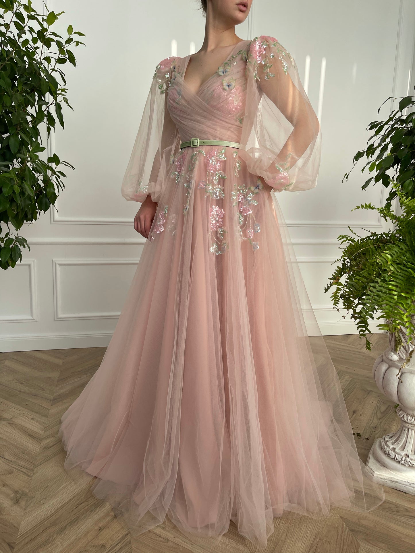 Pink A-Line dress with long sleeves and embroidery