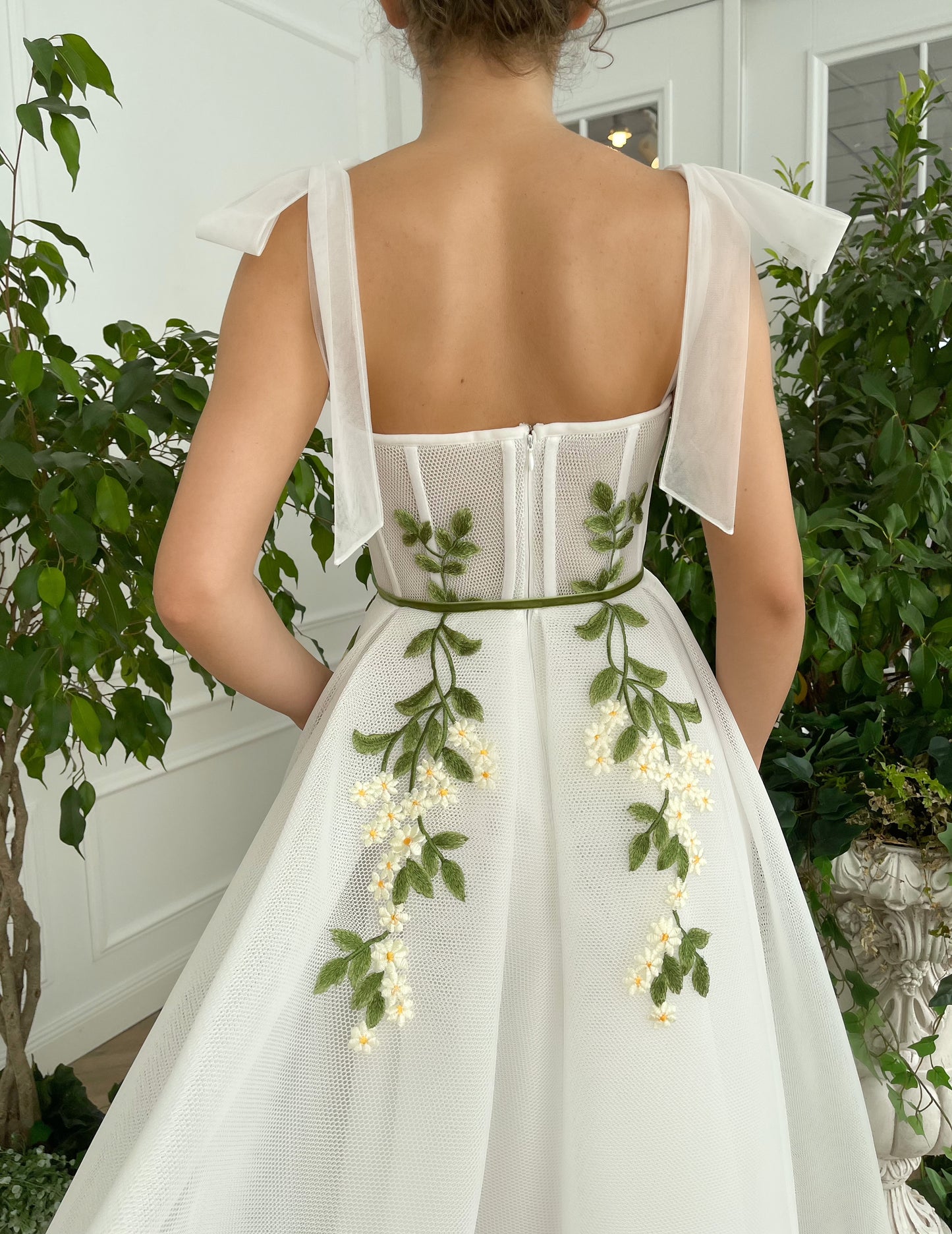 Midi white bridal dress with embroidered flowers and straps