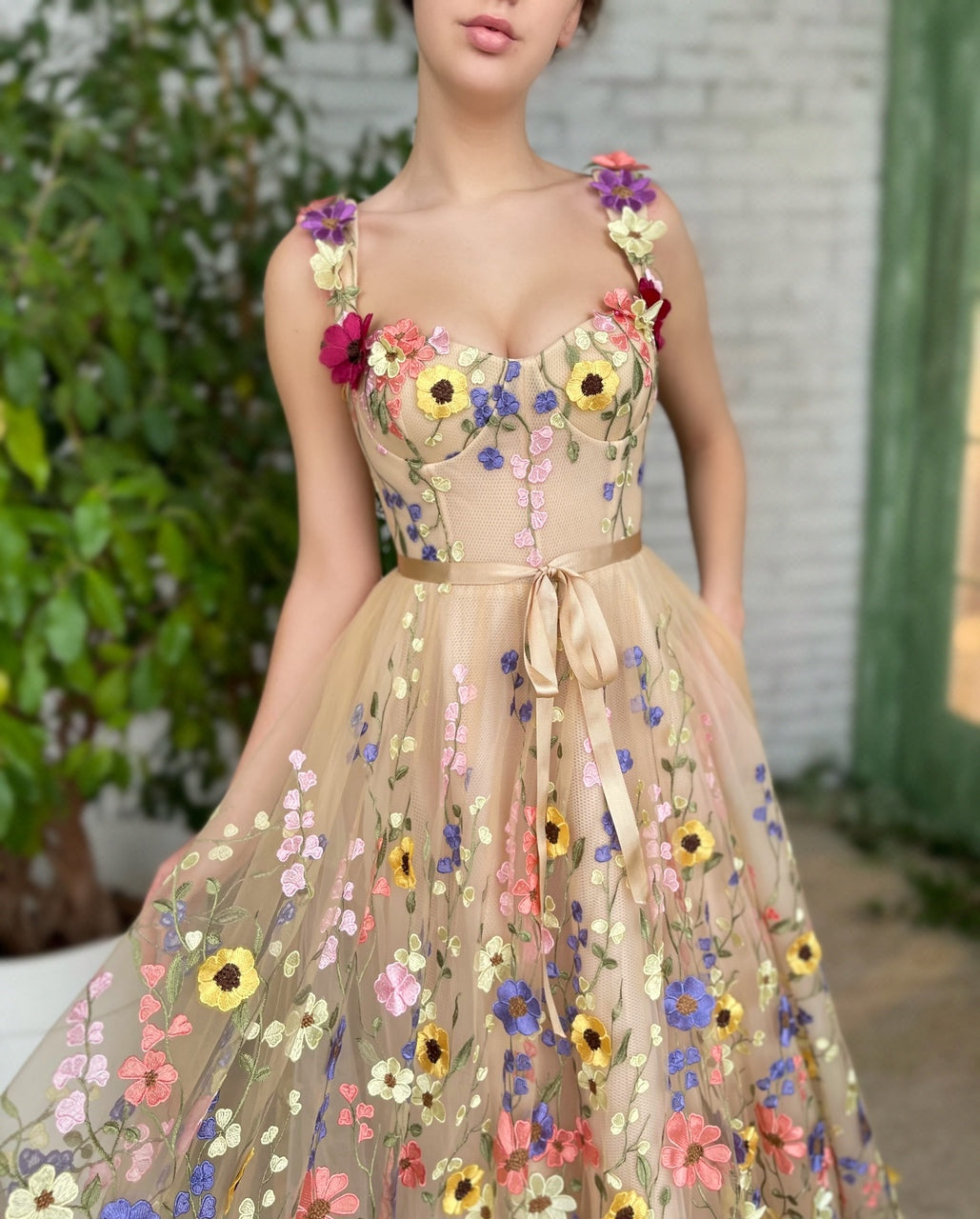 Beige A-Line dress with flowers, spaghetti straps and embroidery
