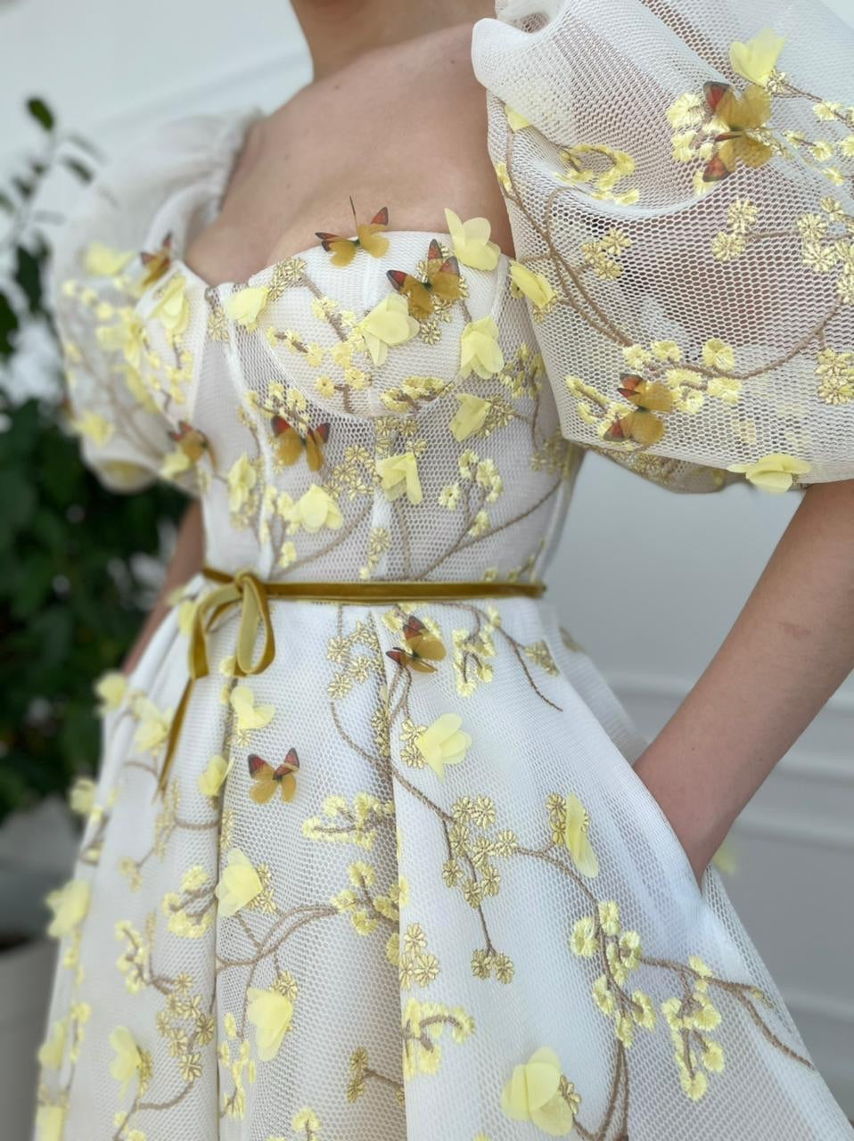 Yellow midi dress with embroidery and off the shoulder sleeves