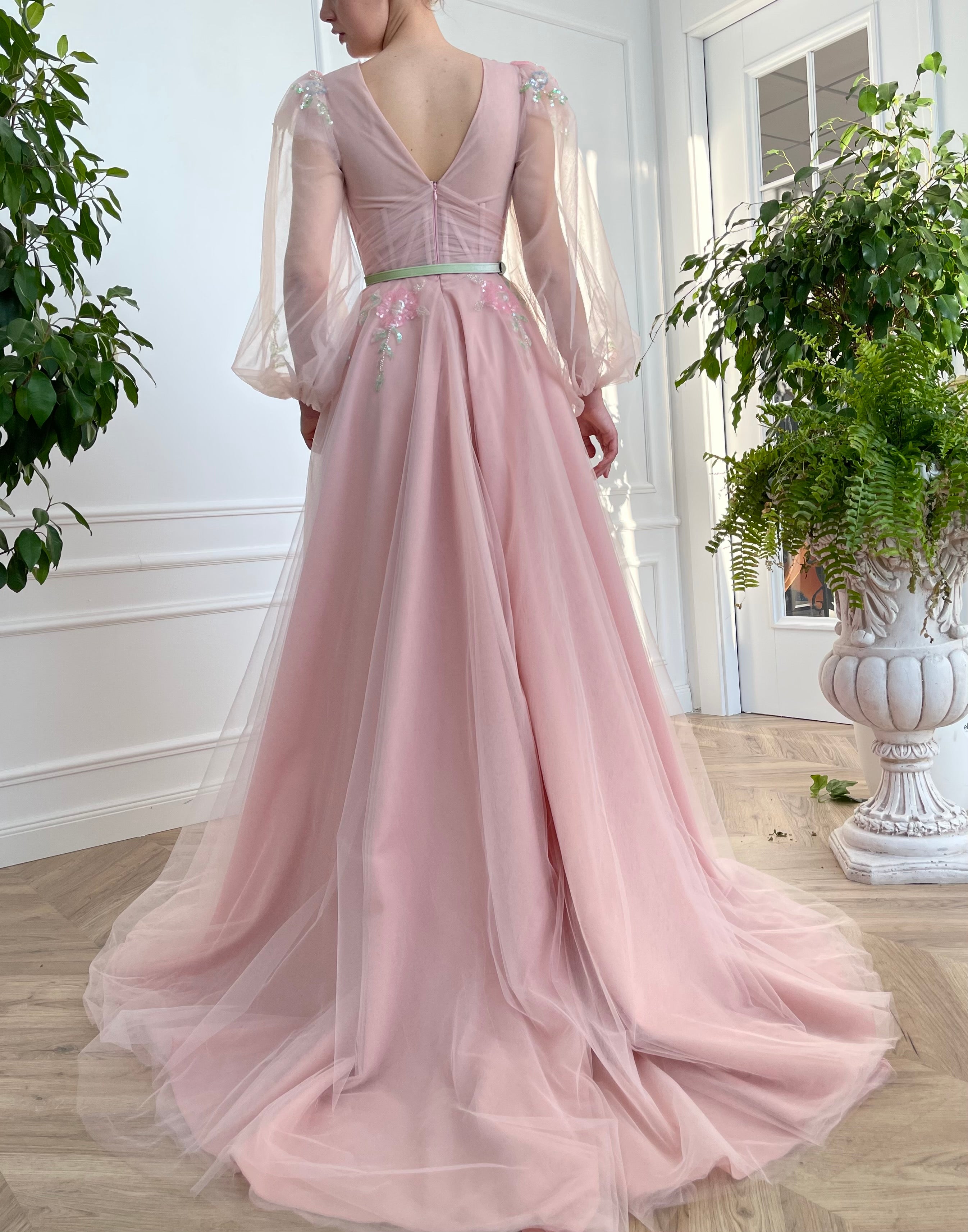 Pink A-Line dress with long sleeves and embroidery