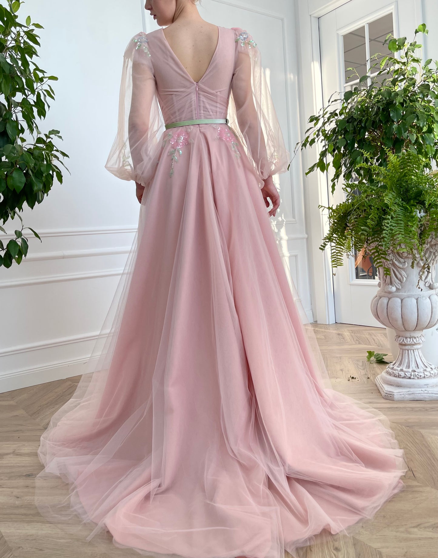 Pink A-Line dress with long sleeves and embroidery