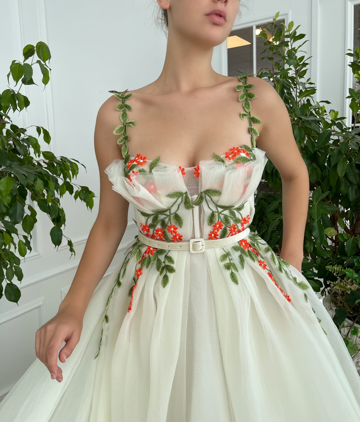 White bridal A-Line dress with belt, spaghetti straps and embroidery