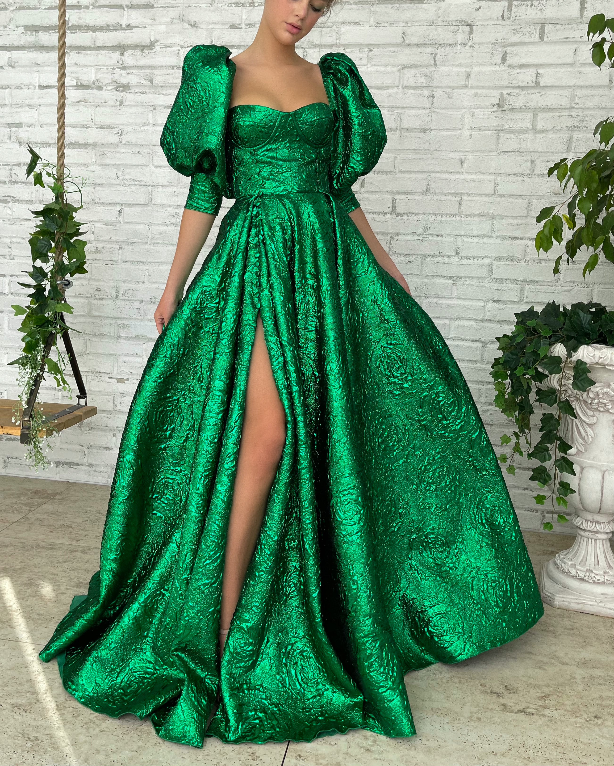 Green A-Line dress with short puff sleeves