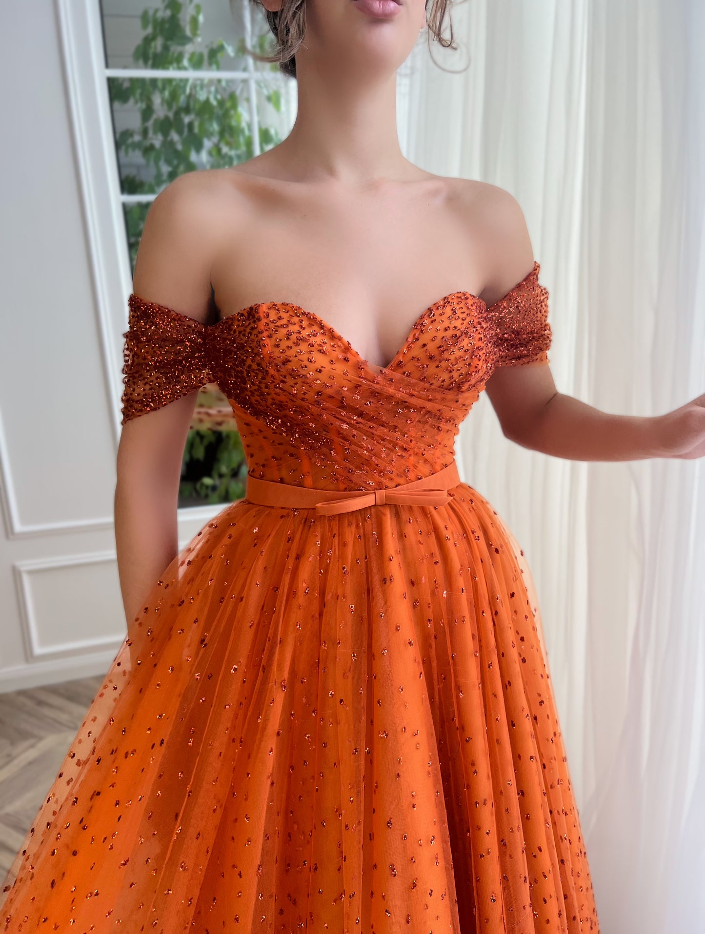 Orange A-Line dress with off the shoulder sleeves
